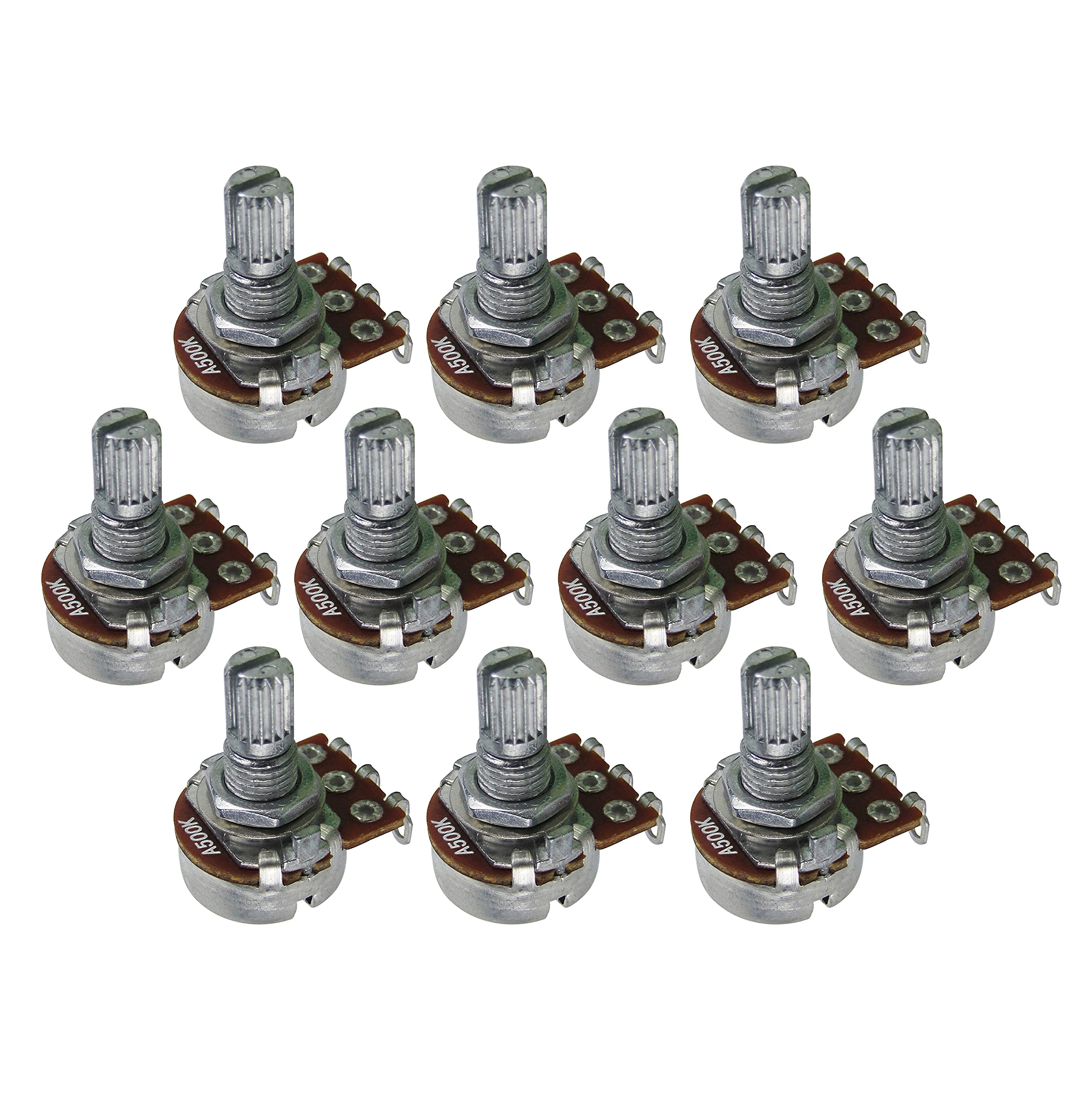 IKN 10-Pack A500K Knurled Split Shaft Potentiometers - Small Size Guitar Pots with Audio Taper for Electric Guitar Tone Control & DIY Audio Projects