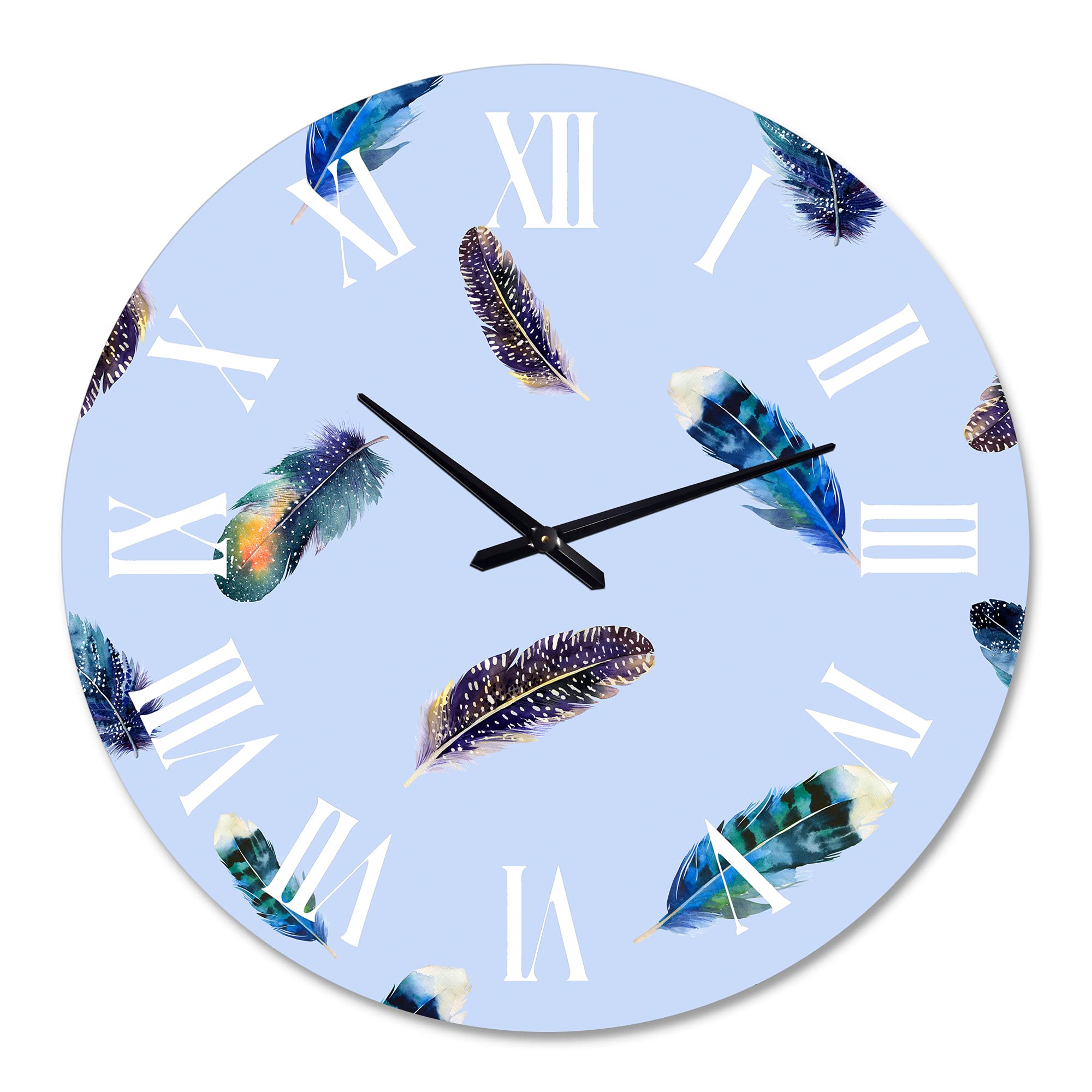 Bohemian Eclectic Wall Clock with Blue Feathers - Large Boho Ethnic Animal Design for Living Room, Bedroom, or Office Decor | Unique Home & Wall Art Gift Idea
