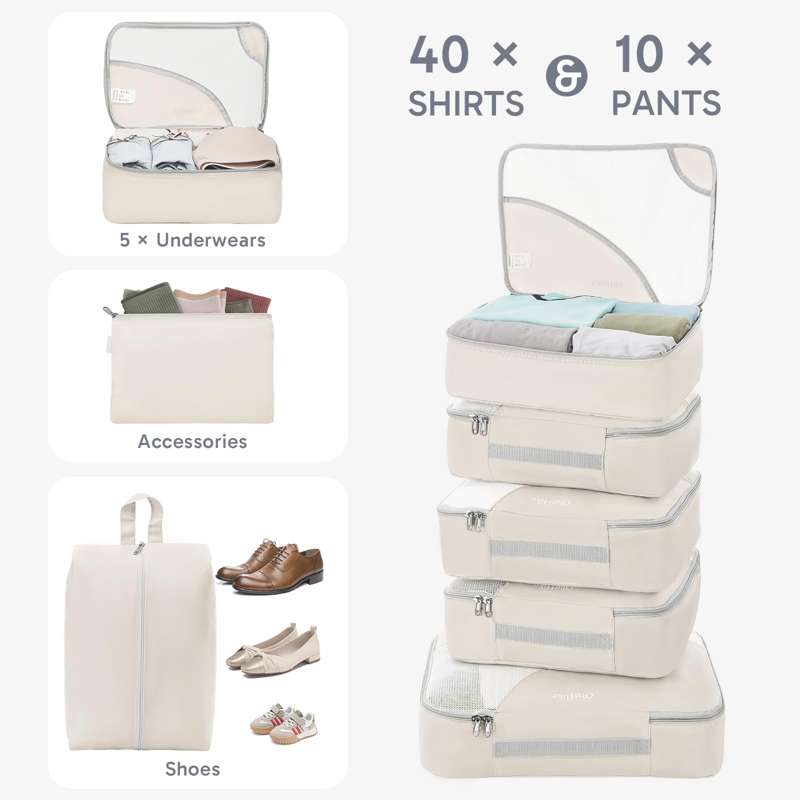 10-Piece Durable Packing Cubes Set for Suitcases - OlarHike Travel Essentials with Upgraded Anti-Tear Stitching - Beige Luggage Organizers for Clothes & Accessories | Perfect for Business Trips, Vacations & Weekend Getaways
