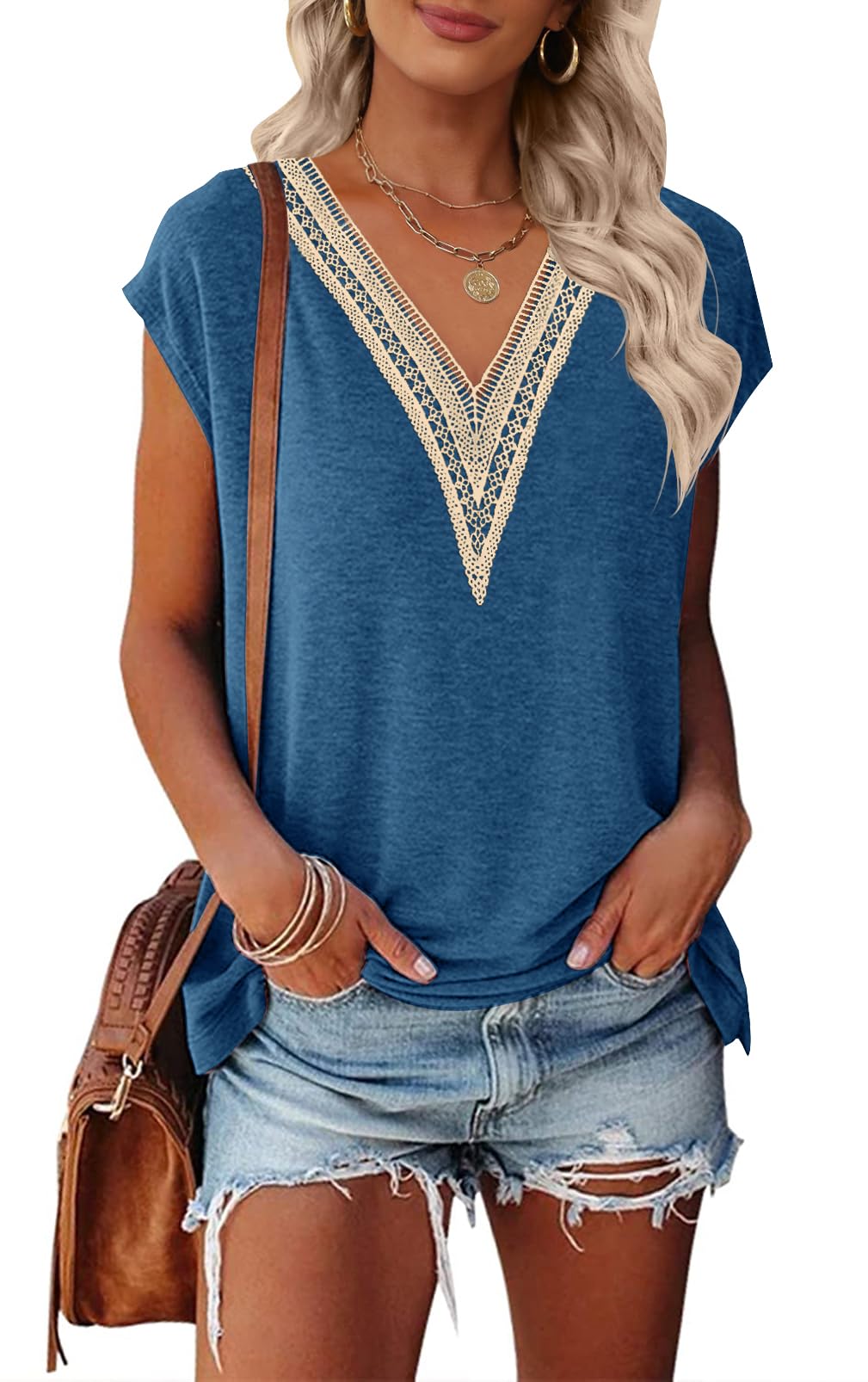 MEROKEETY Women's Casual Lace Trim V-Neck T-Shirt - Breathable Summer Blouse with Cap Sleeves, Loose Fit Tee for Work, Dating & Weekend Outfits