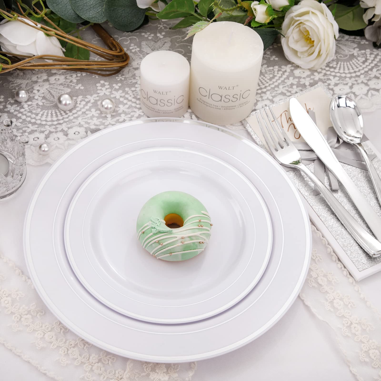 WELLIFE 200-Piece Silver Plastic Party Plates Set - Disposable Dinnerware for Events, Includes 40 Dinner Plates, 40 Dessert Plates & 40 Silver Plastic Cutlery - Perfect for Weddings, Birthdays & Catering Events