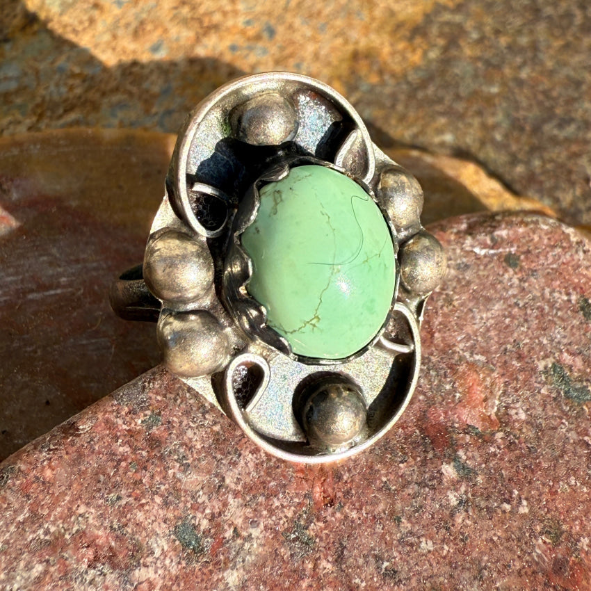 Vintage Mexican Sterling Silver Ring with Pale Green Turquoise - Size 7.5 - Handmade Jewelry for Women, Boho Chic Accessories | Perfect for Casual Wear, Gift Giving & Special Occasions