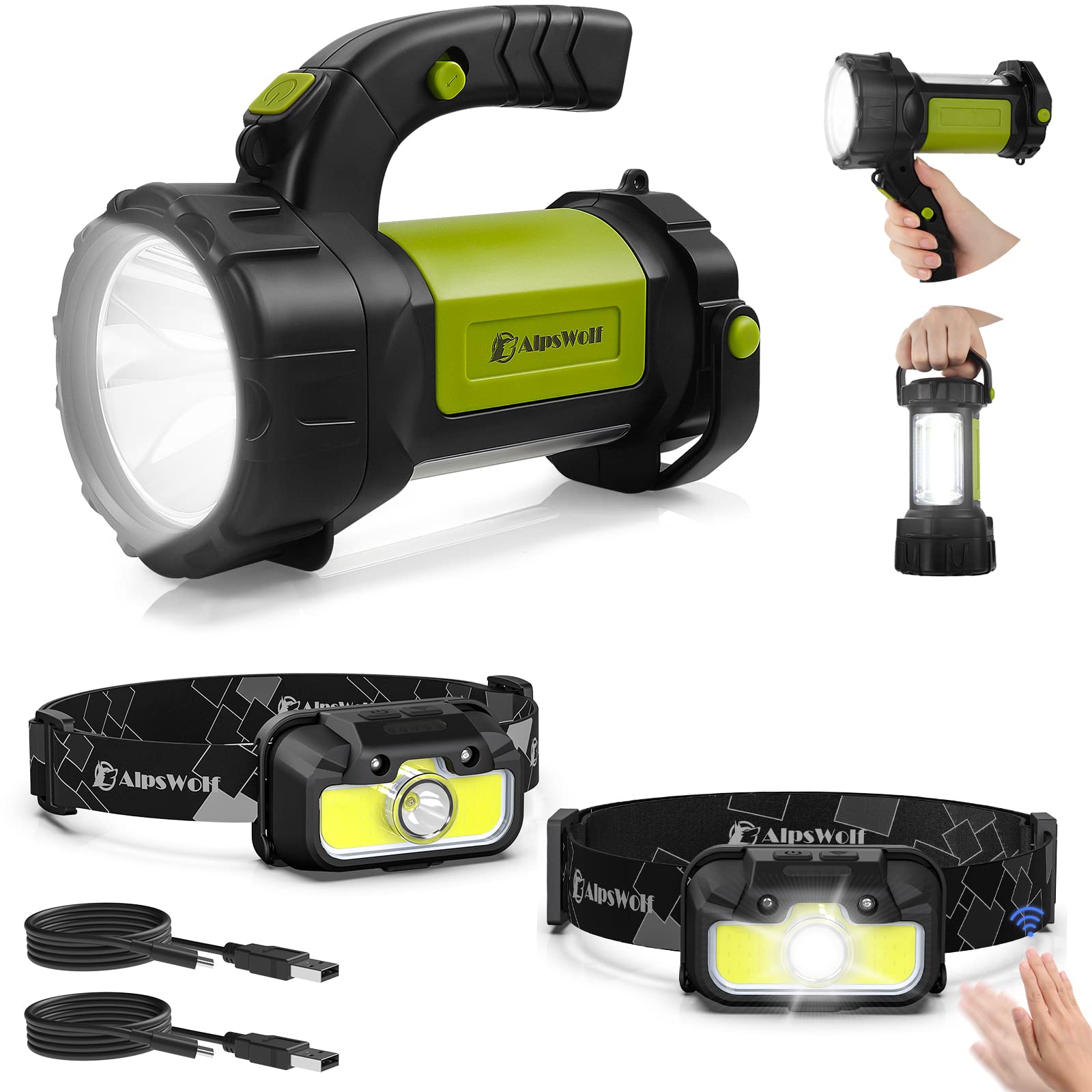 AlpsWolf Rechargeable LED Headlamp Flashlight 2 Pack - Bright Hands-Free Camping Light for Hiking, Emergency, Power Outages & Outdoor Adventures - Perfect for Night Running, Fishing, and Home Use