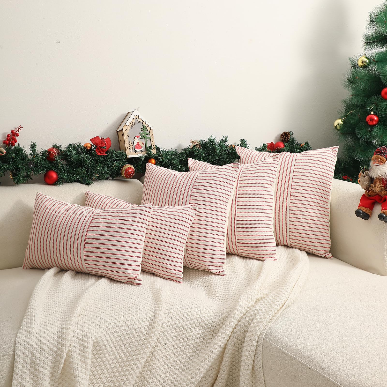HCKOT Christmas Pillow Covers 18x18 Inch Set of 2 - Red Striped Linen Decorative Throw Pillow Covers for Couch, Chair & Bed - Festive Xmas Winter Home Decor (Perfect for Holiday Living Room Decorations & Cozy Seasonal Styling)