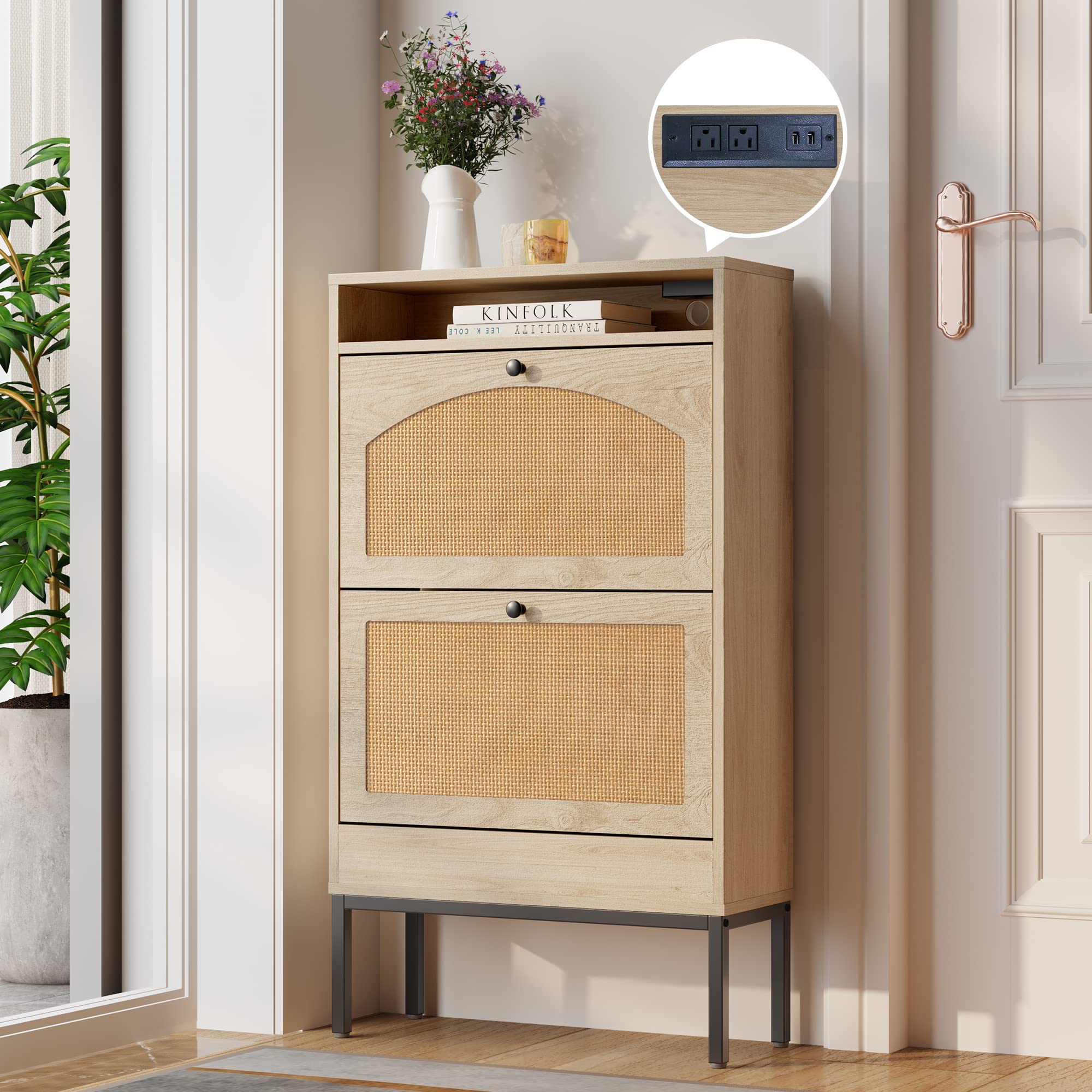 Answanie Narrow Shoe Storage Cabinet with Rattan Doors - Slim Hidden Shoe Rack with 2 Flip Drawers & Charging Station - Space-Saving Entryway Hallway Organizer for Small Spaces (Oak, Small) - Perfect for Apartments, Dorm Rooms & Closet Organization