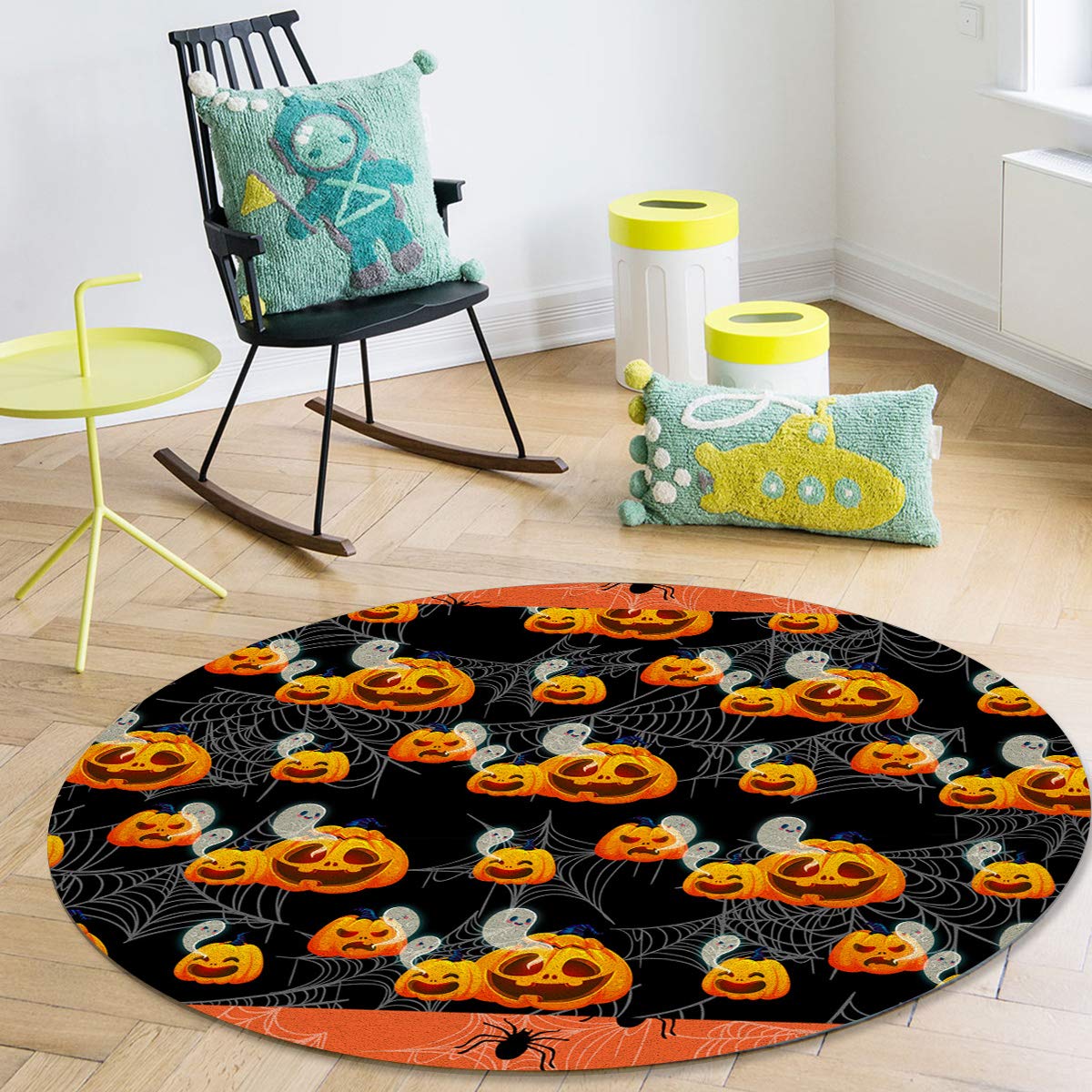 Large 6ft Round Halloween Ghost Pumpkin Carving Area Rug - Non-Slip Spider Web Design Washable Floor Mat for Bedroom, Living Room & Kids Room | Perfect for Spooky Decor, Indoor Safety & Seasonal Home Decorating