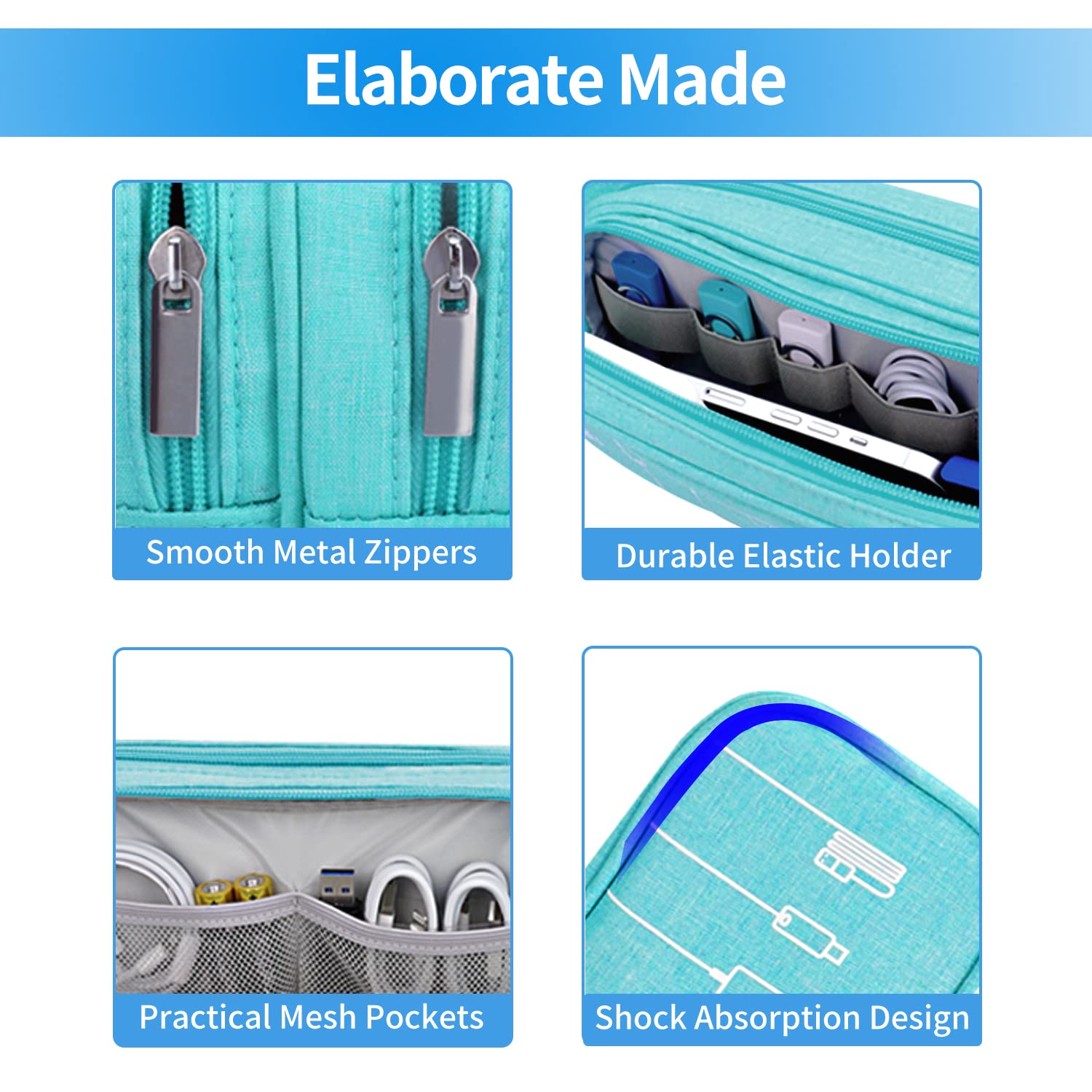 HESTECH Waterproof Electronics Organizer Bag - Double Layer Travel Charger Case for Cables, Mouse, Earbuds & USB Drives (Teal, Medium) | Portable Cord Storage Solution for Office, Travel & Home Use