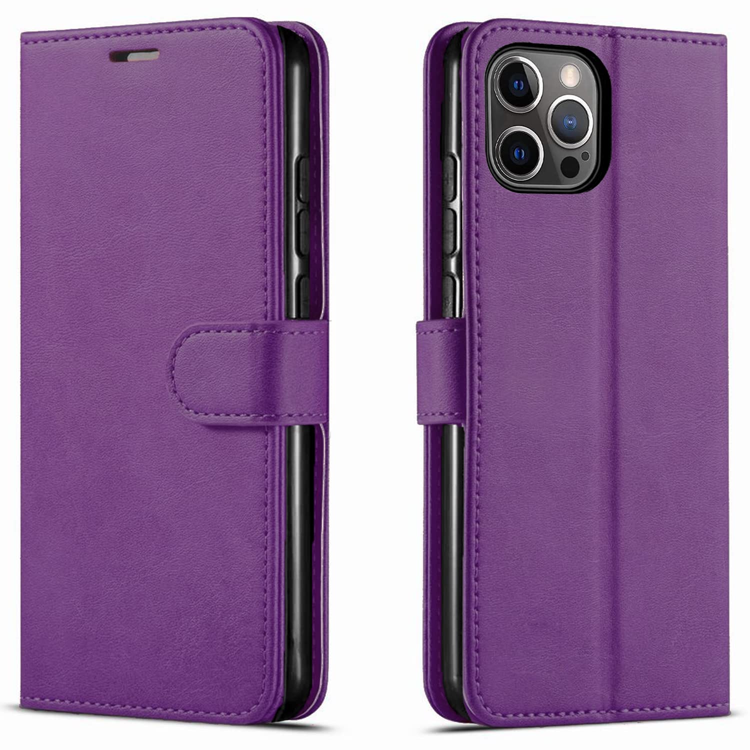 STARSHOP iPhone 13 Pro Case with Tempered Glass Screen Protector - PU Leather Wallet Shockproof Phone Cover with Kickstand, Card Slots & Magnetic Closure (Purple) - Perfect for Work, Travel & Daily Protection