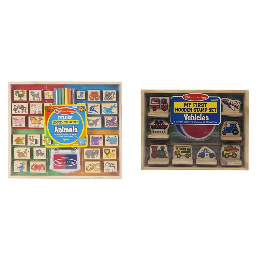 Melissa & Doug Deluxe Wooden Stamp Set for Kids - 30 Animal Stamps, 6 Washable Markers, 2 Ink Pads | First Wooden Vehicle Stamp Set | Creative Arts & Crafts for Toddlers, Preschool Learning, DIY Card Making & Scrapbooking Activities