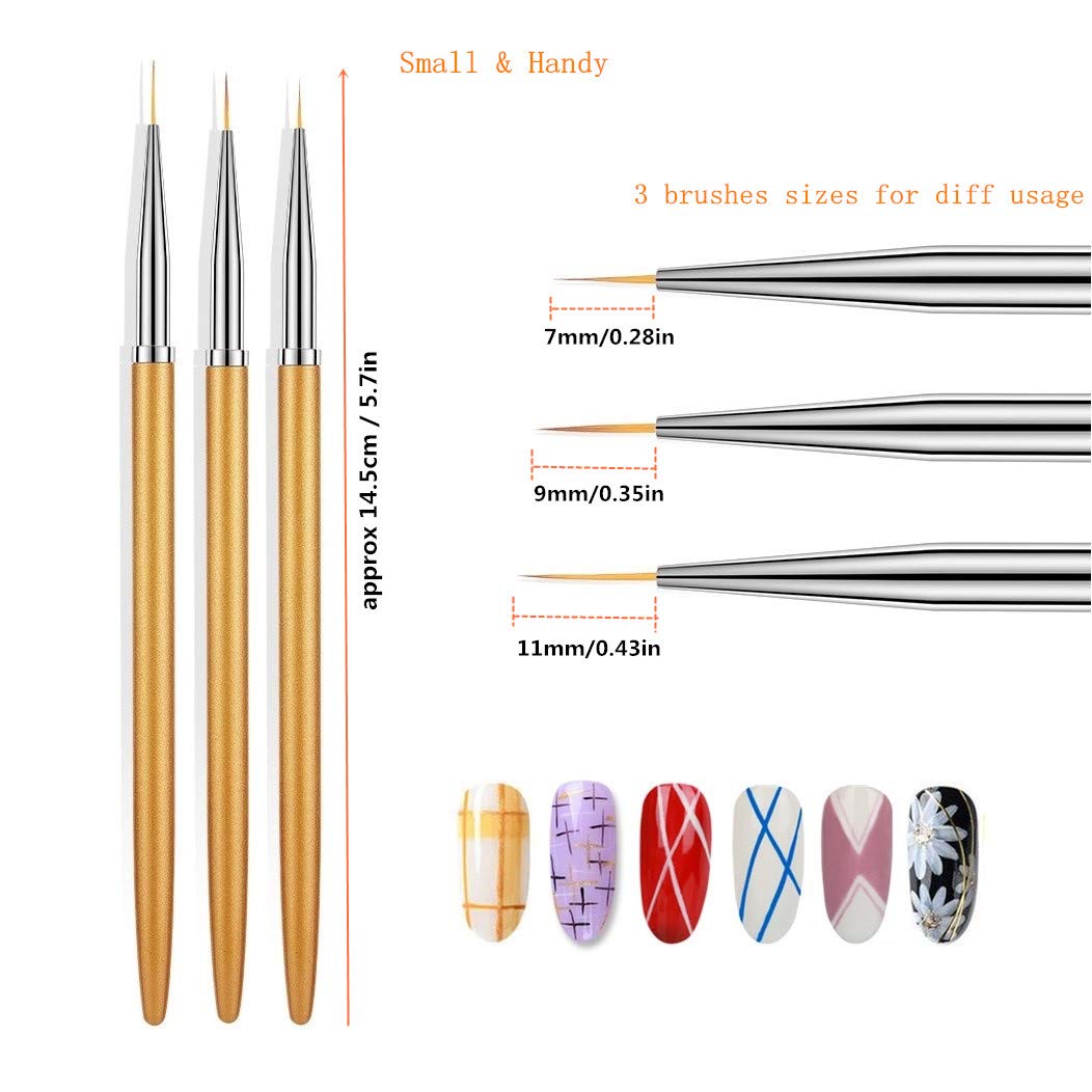 6PCS Professional Nail Art Liner Brushes Set - Acrylic UV Gel Glitter Drawing & Painting Brushes with Nylon Hair for Carving Flowers - Golden Color (7/9/11mm & 6/8/10mm) - Perfect for Salon, Home Manicure & Nail Art Design