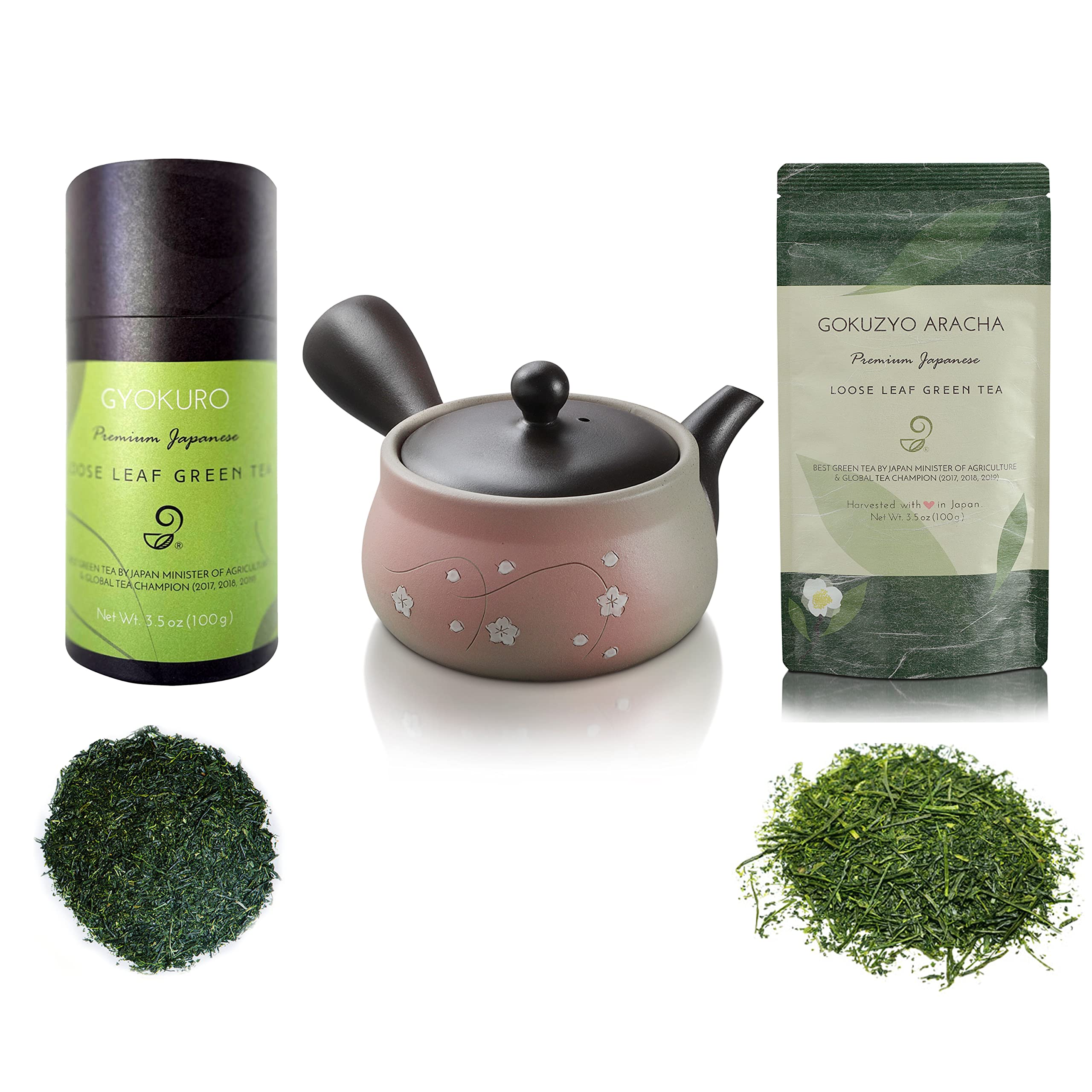 Premium Japanese Green Tea Set - Gyokuro & Gokuzyo Aracha Loose Leaf Teas with Tokoname Kyusu Teapot | 3-Piece Authentic Japanese Tea Collection | Perfect Gift for Tea Lovers & Zen Tea Ceremonies