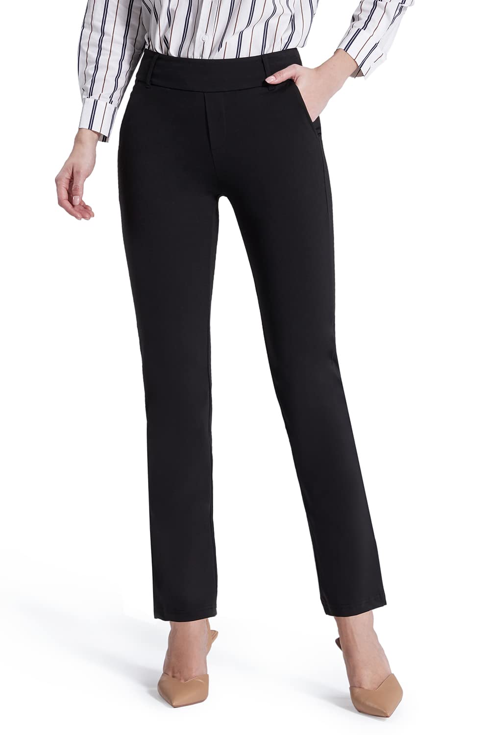 Bamans Women's Stretch Pull-On Dress Pants - Straight Leg Work Pants with Pockets for Business Casual & Office Wear - Comfortable Professional Slacks for Work, Travel & Everyday Use
