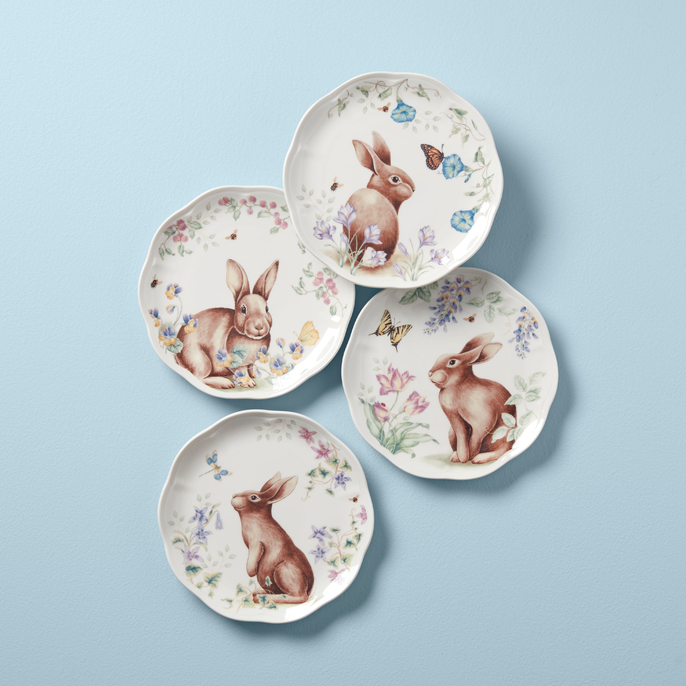 Butterfly Meadow Bunny Accent Plates - Set of 4 Decorative Salad Dessert Plates for Easter, Spring Party & Home Decor