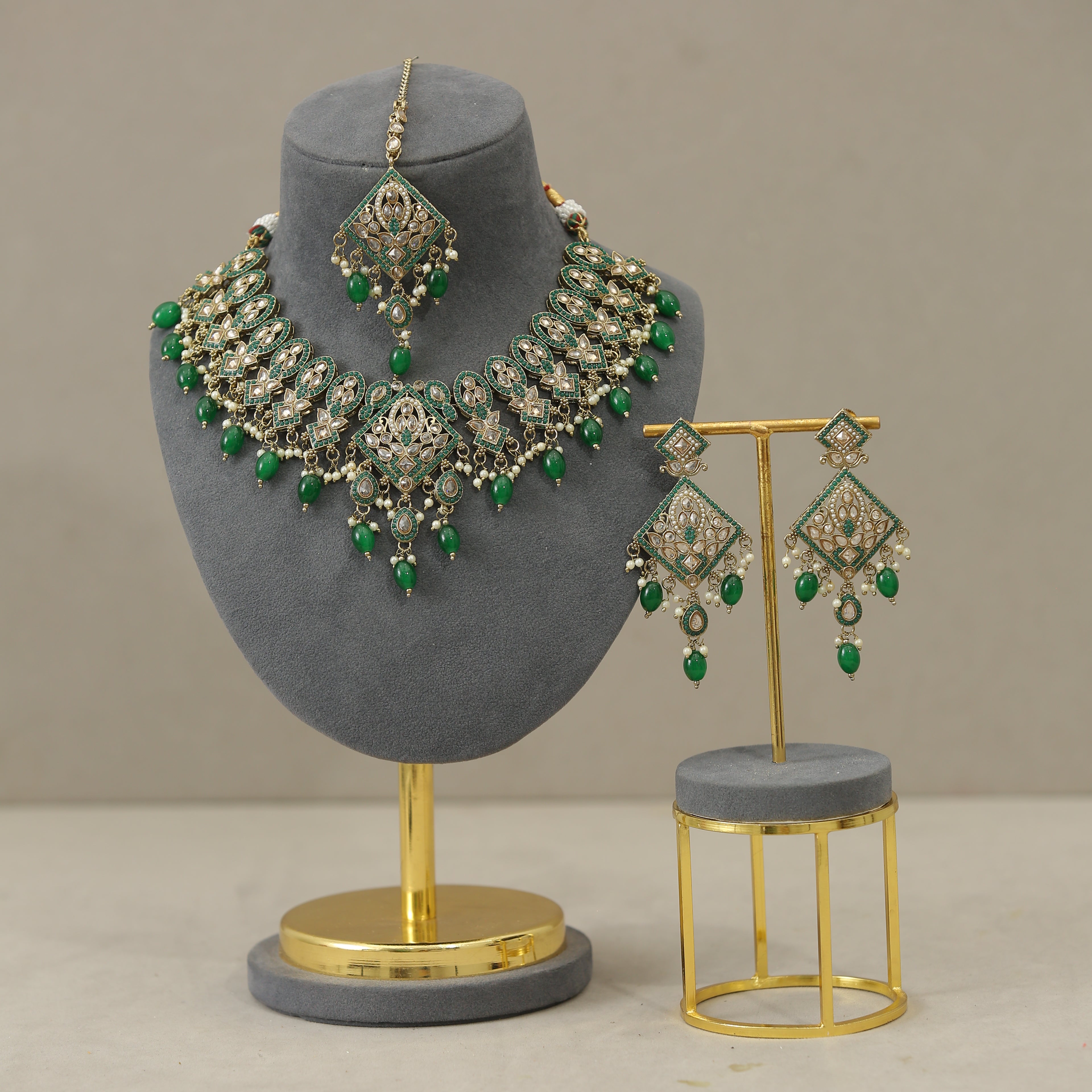 Garima Polki and Stone Jewelry Set with Tikka - Traditional Indian Bridal Necklace, Earrings, and Headpiece for Weddings & Festive Occasions