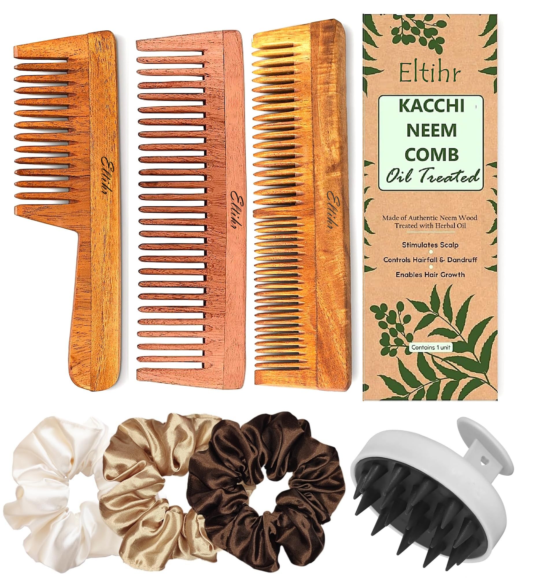 Eltihr Pack of 7 Kacchi Neem Wooden Combs for Hair Growth, Hair Loss & Dandruff Control | Anti-Frizz & Straightening Comb for Men & Women | Oil & Herbal Treated | Perfect for Daily Hair Care, Travel & Salon Styling