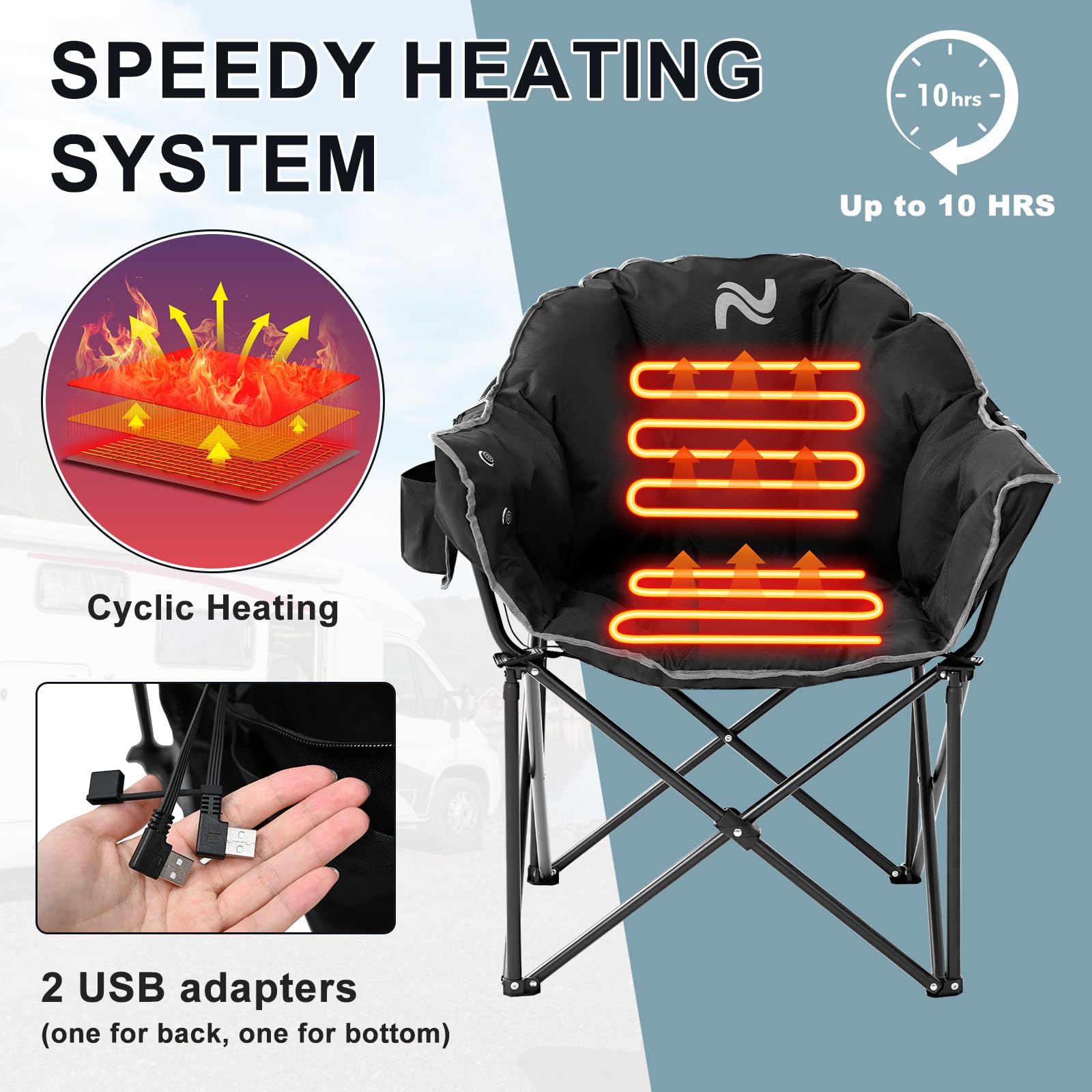 MOPHOTO Heated Camping Chair - Portable Outdoor Folding Chair with Heating Pad, Oversized Padded Seat for Adults - Perfect for Camping, Hunting, Fishing, Backyard, Patio, and Beach Relaxation