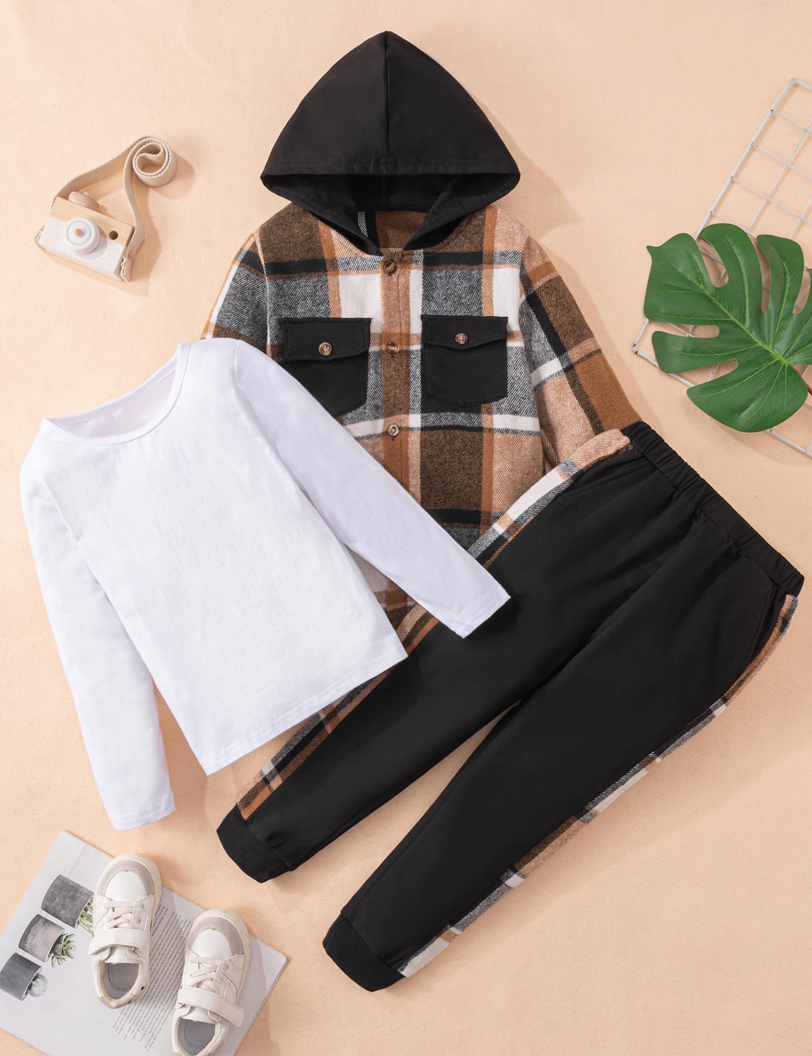 Boys' Winter Outfit Set - Plaid Hooded Shirt, White T-Shirt & Solid Pants (3-Piece) | Warm Toddler Clothes for Playdates & Outdoor Activities