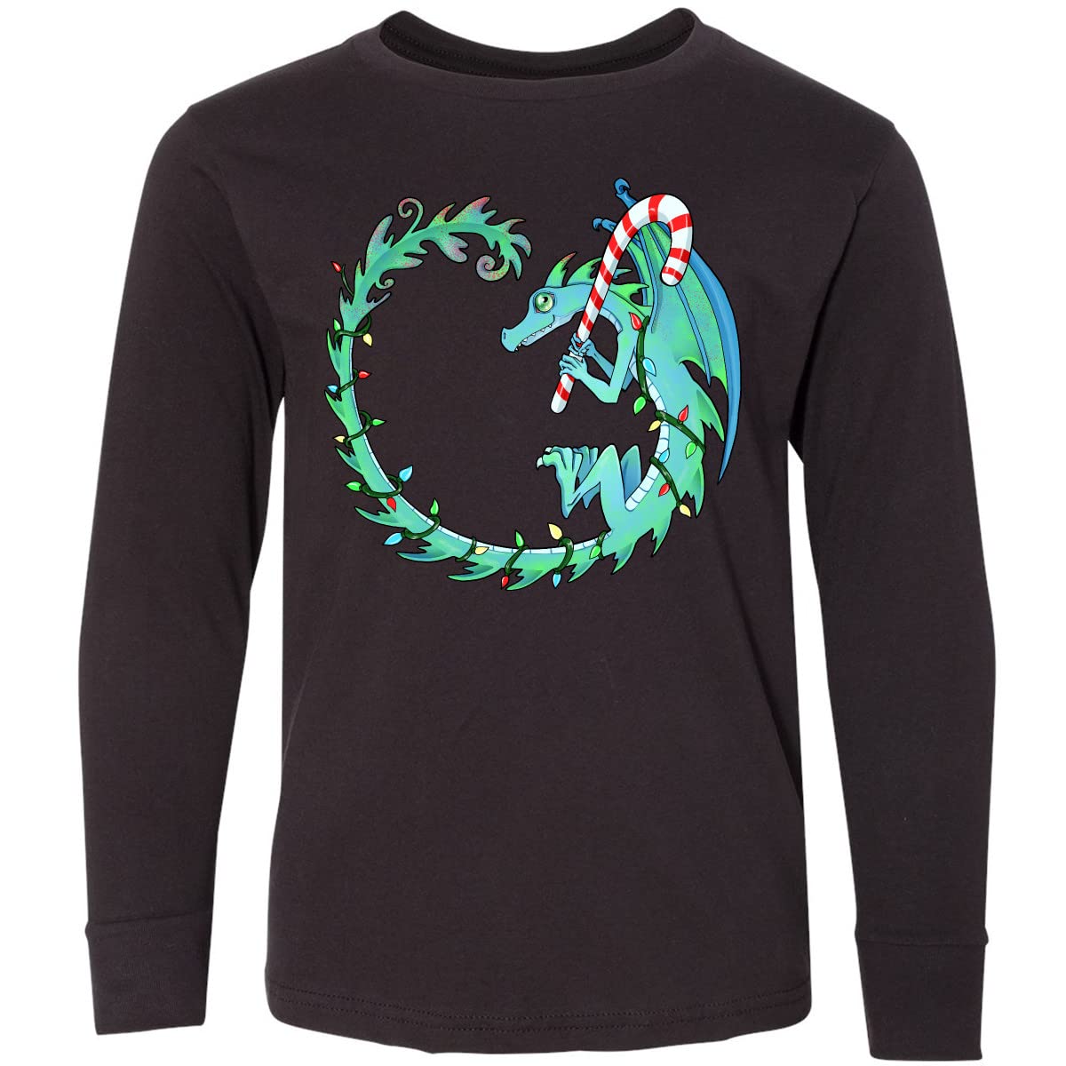 Inktastic Christmas Dragon with Candy Cane Youth Long Sleeve T-Shirt - Festive Holiday Gift for Kids, Boys & Girls - Perfect for Christmas Parties, Family Gatherings & Winter Outfits