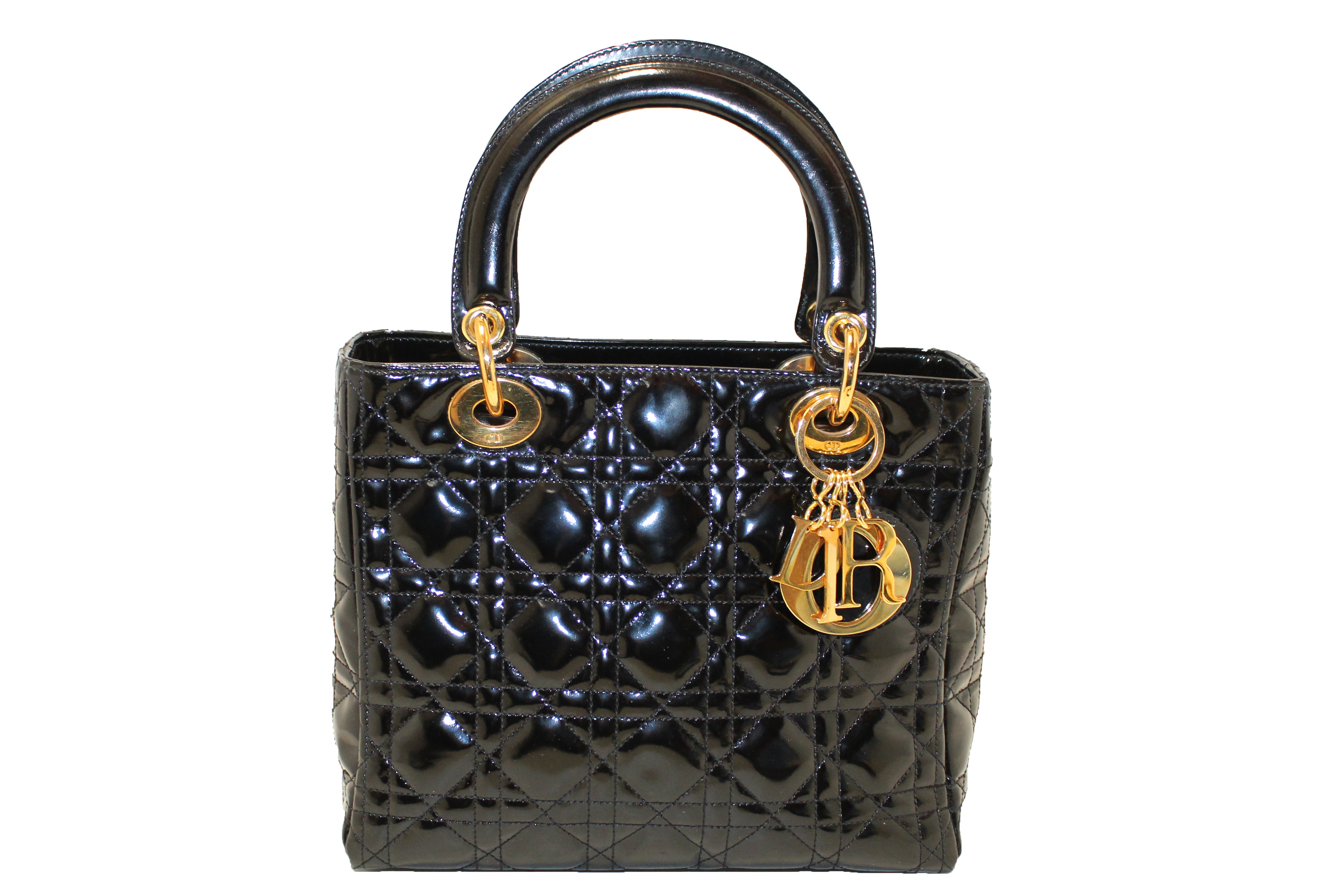 Authentic Christian Dior Black Patent Leather Cannage Medium Lady Dior Handbag | Luxury Designer Shoulder Bag for Women | Perfect for Evening Events, Weddings & Special Occasions