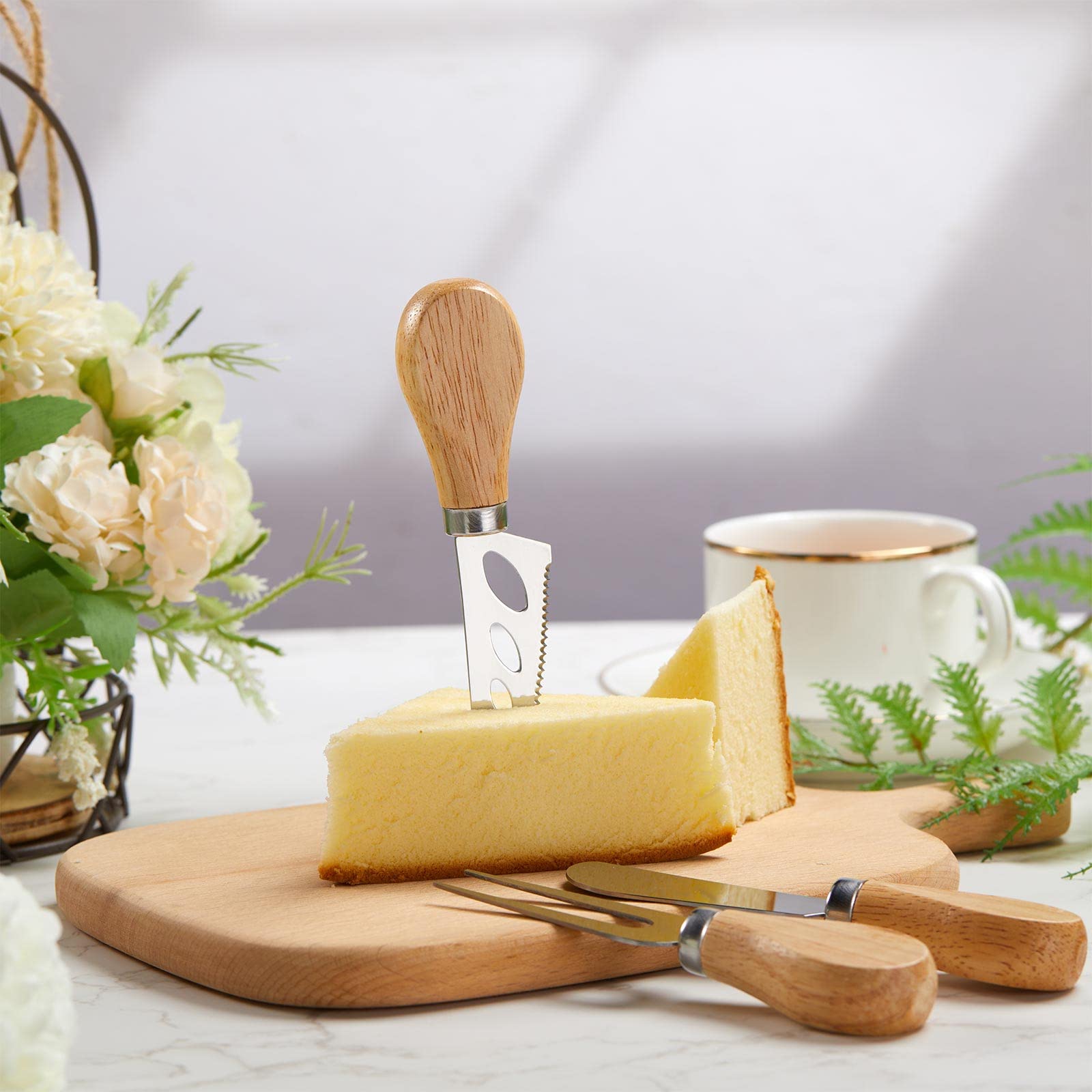 Premium 6-Piece Stainless Steel Cheese Knife Set with Oak Handle - Cheese Slicer, Fork & Shovel for Entertaining - Perfect for Family Gatherings, Parties, Halloween & Christmas Celebrations | Elegant Cheese Cutting Tools for Charcuterie Boards & Wine Pairings