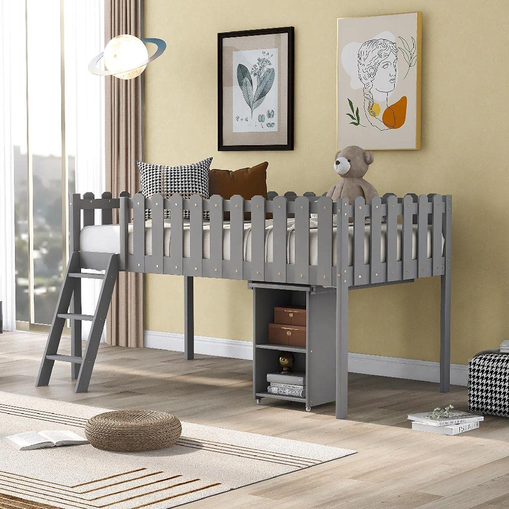 Kids Loft Beds with Desk & Cabinet - Twin Size DIY Loft Bed for Study - Space Saving Multi-Functional Loft Bed in Gray - Perfect for Small Bedrooms & Dorm Rooms
