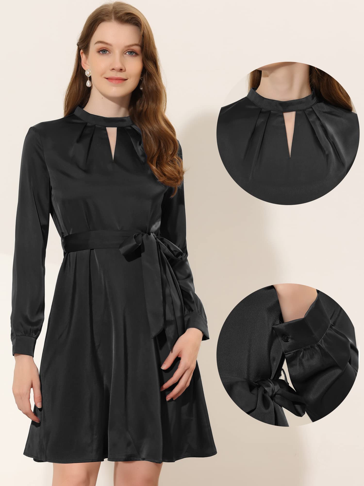 Allegra K Women's Elegant Satin A-Line Dress with Keyhole Tie Waist - Perfect for Work, Office, and Formal Occasions