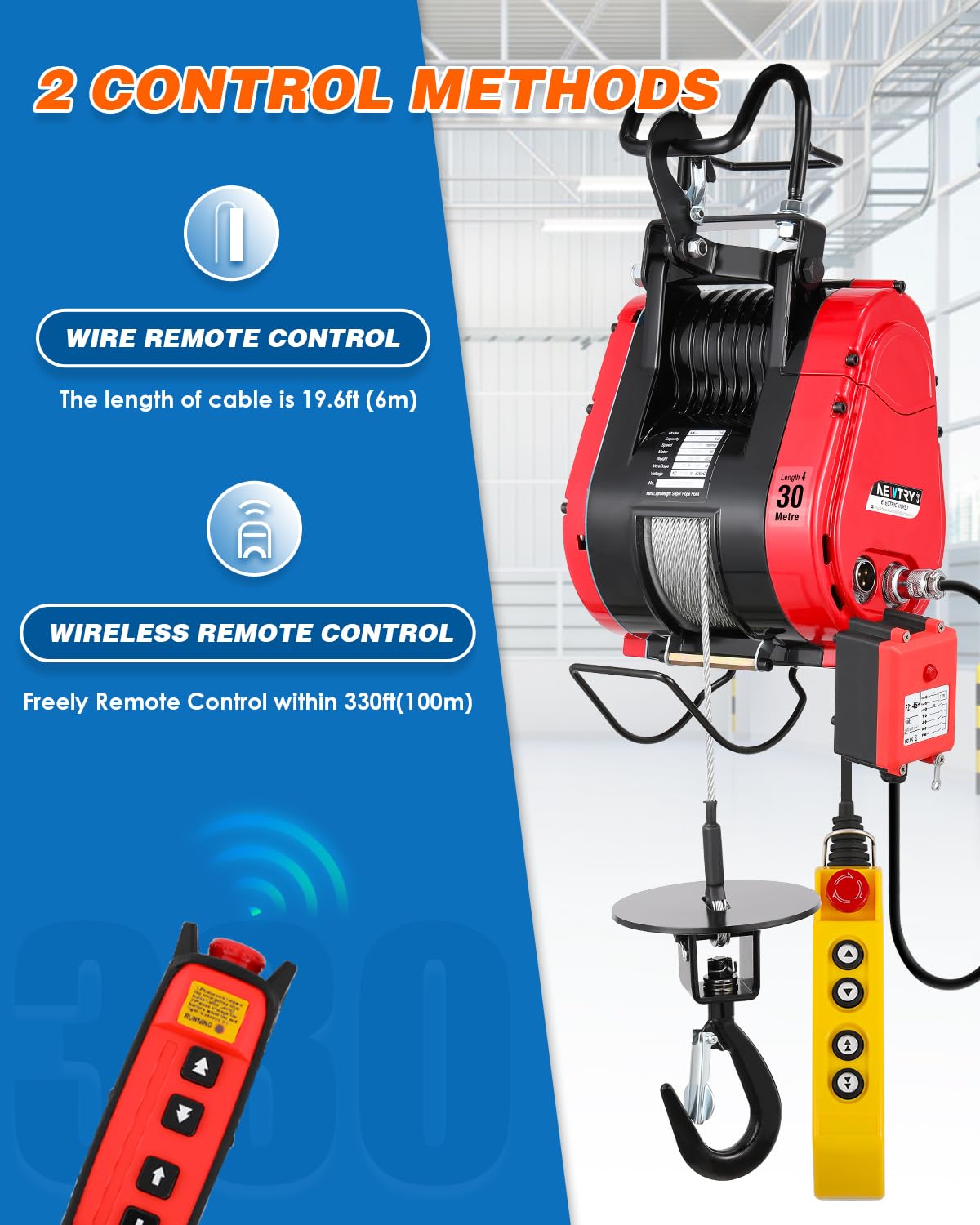 NEWTRY 770lb Electric Hoist Winch Lift with Brushless Motor | 2-Speed Adjustable | Wireless & Wired Remote Control | Heavy Duty Garage & Workshop Hoist for Lifting, Construction, and Automotive Repair