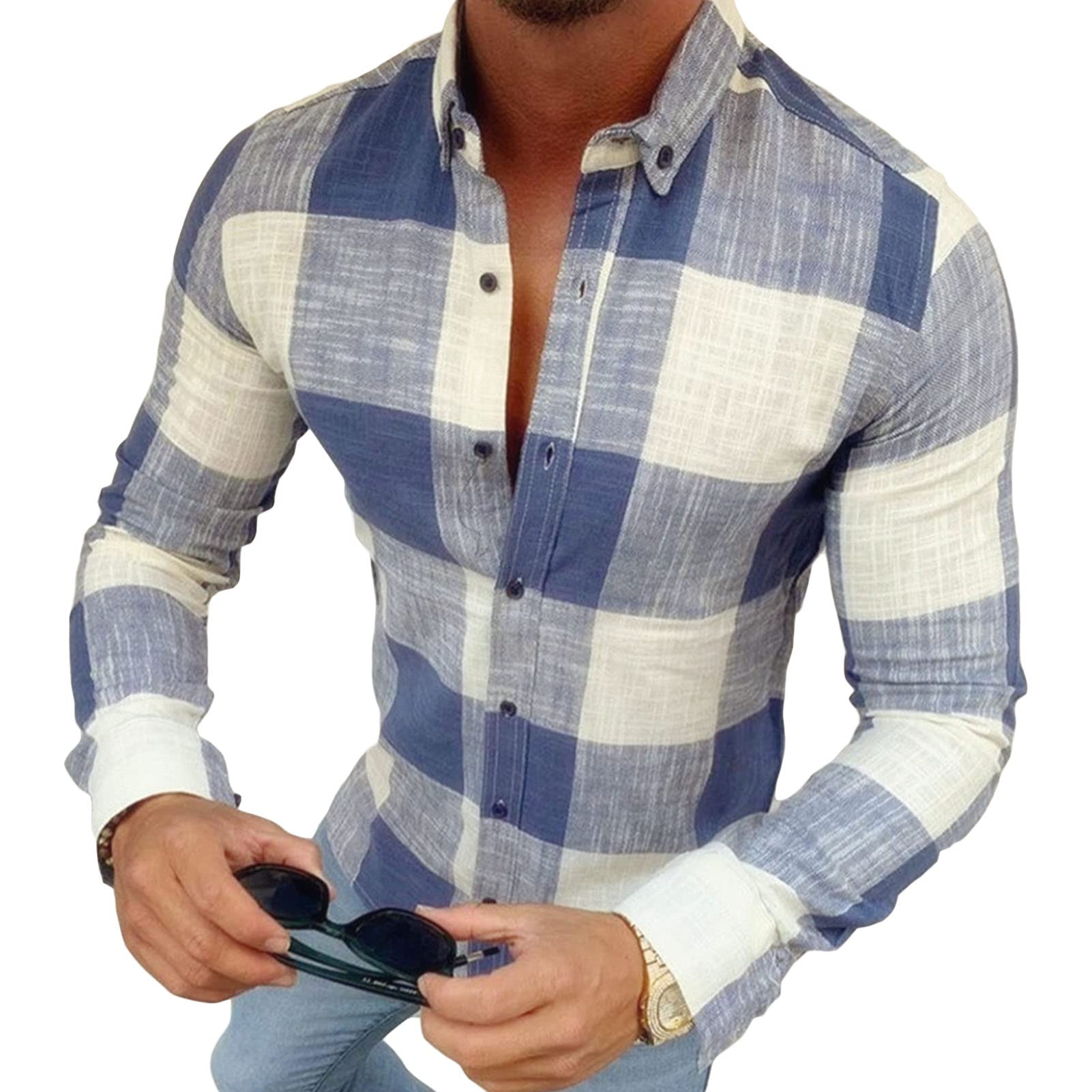 Men's Slim Fit Linen Band Collar Shirt - Casual Plaid Long Sleeve Business Dress Shirt for Office, Beach & Outdoor Activities