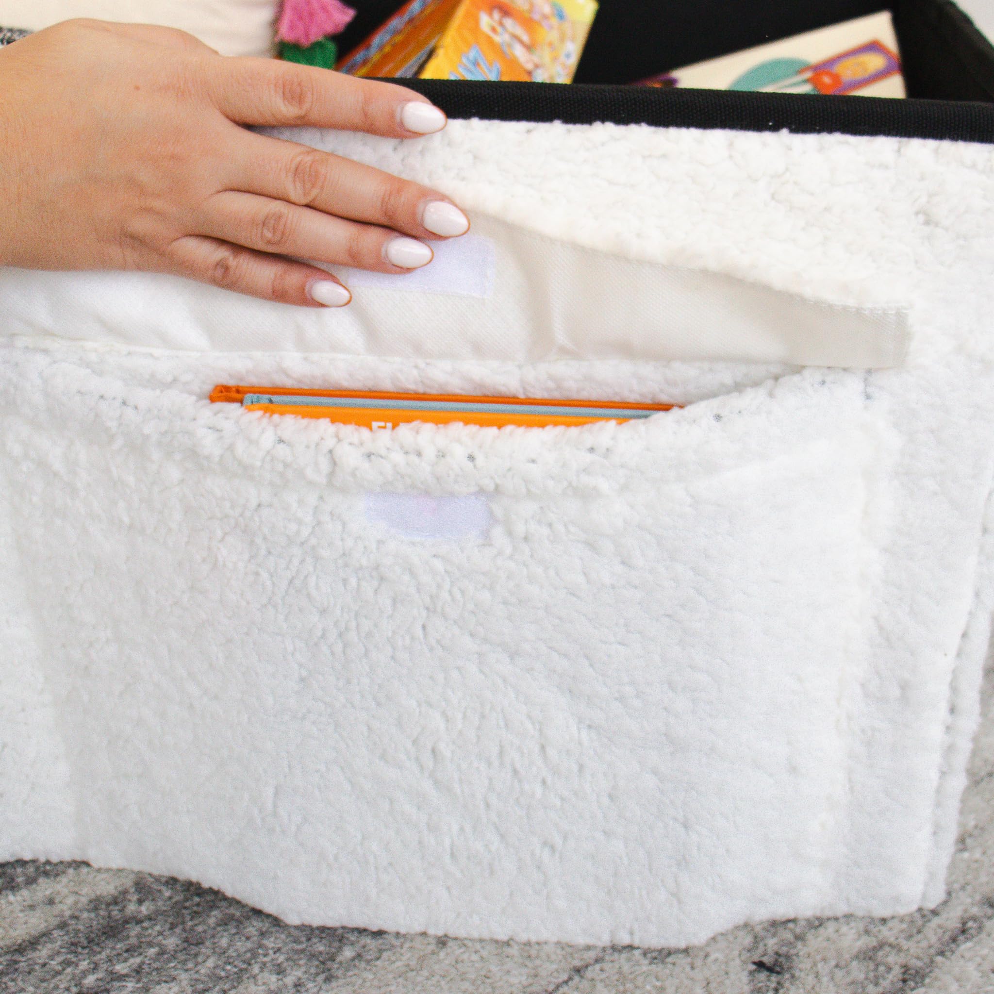 Humble Crew Shaggy Sherpa Collapsible Toy Storage Box Ottoman Bench with Lid - White | Kids Room Organization, Nursery Storage & Playroom Decor