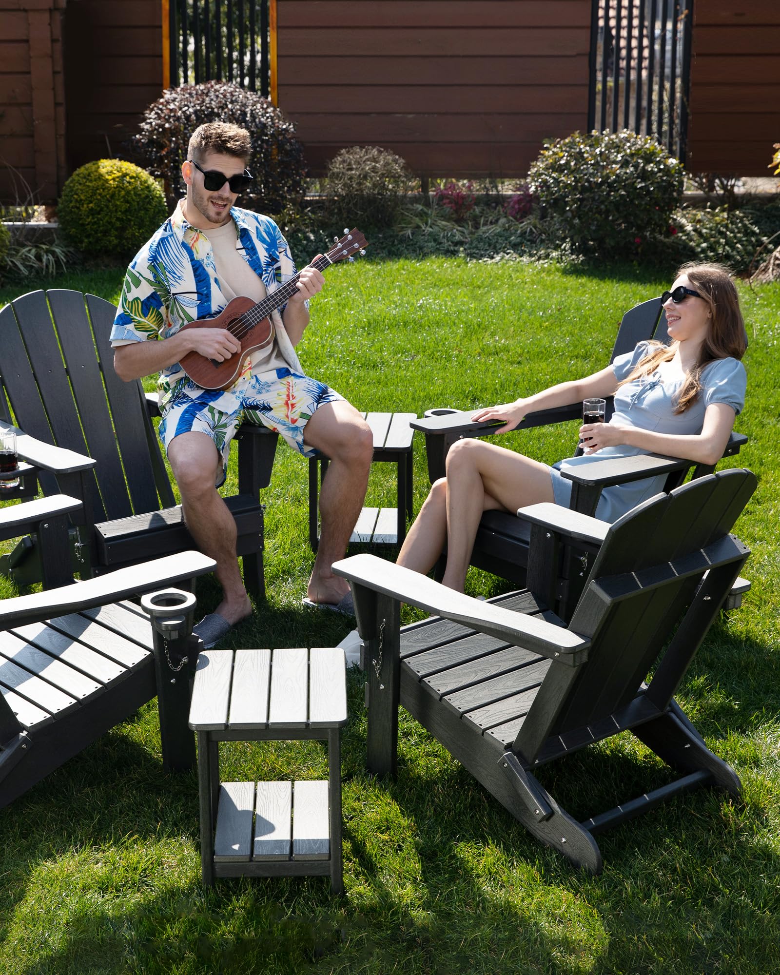 **Weather-Resistant Folding Adirondack Chair with Cup Holder - Wood Texture Patio Chair for Deck, Porch, Backyard & Garden - Perfect for Fire Pit Gatherings & Outdoor Relaxation (Pacific Blue)**