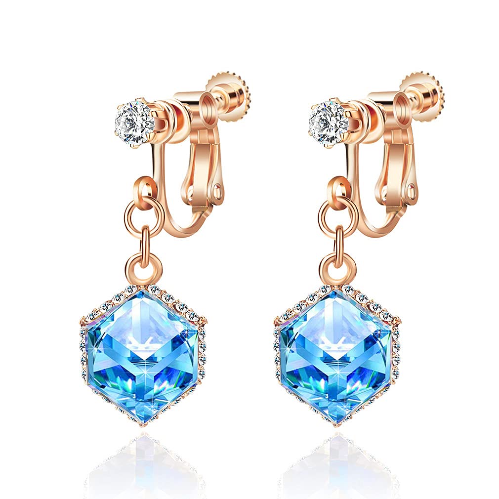 Cube Austrian Crystal Drop Clip-On Dangle Earrings for Women - Non-Pierced 14K Rose Gold Plated Hypoallergenic Jewelry - Perfect for Weddings, Parties & Special Occasions