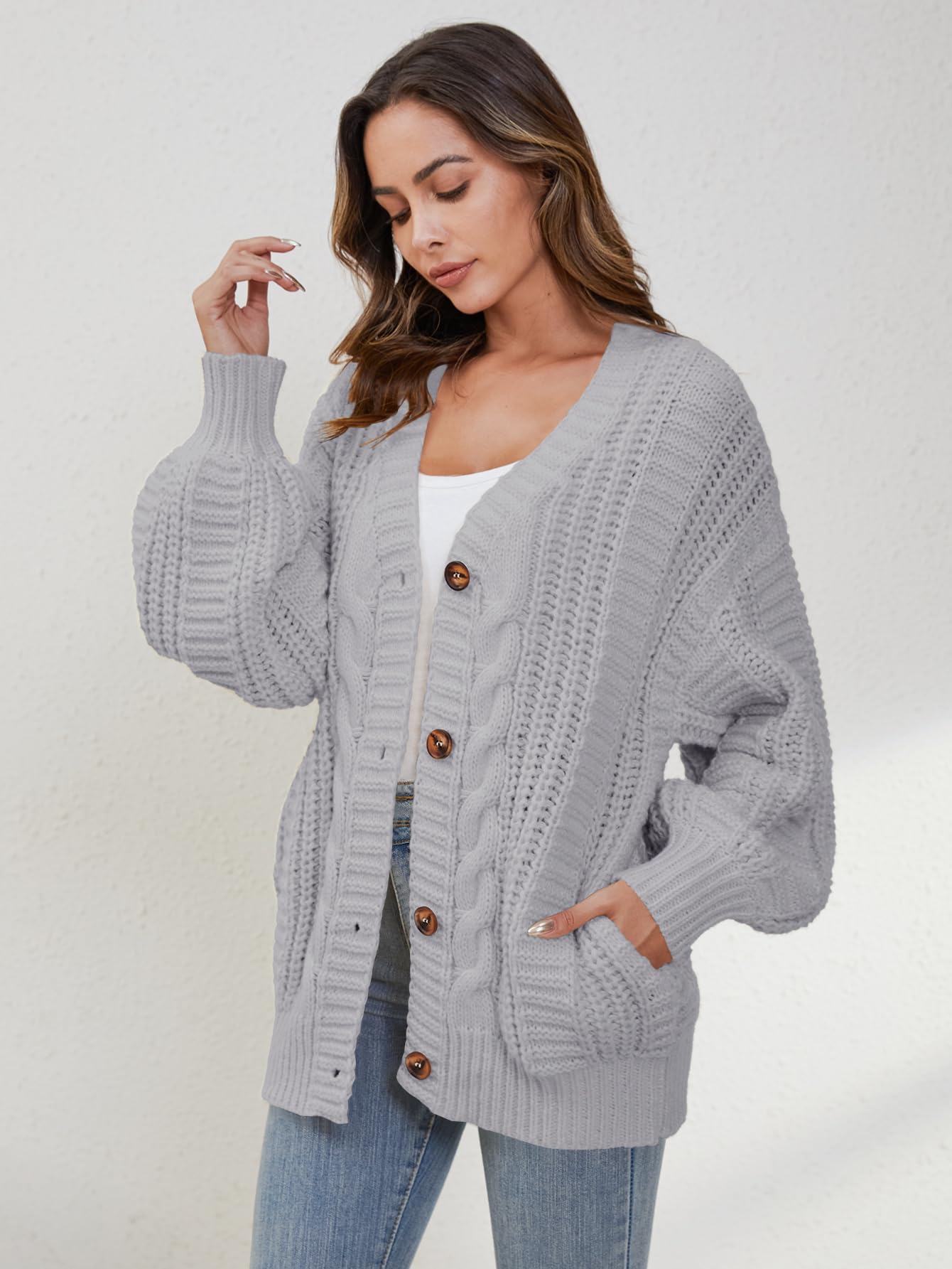 YKR Women's Oversized Chunky Knit Cardigan Sweater with Open Front & Lantern Sleeves - Cozy Button Down Fall Winter 2024 Fashion for Casual Wear, Office & Coffee Dates