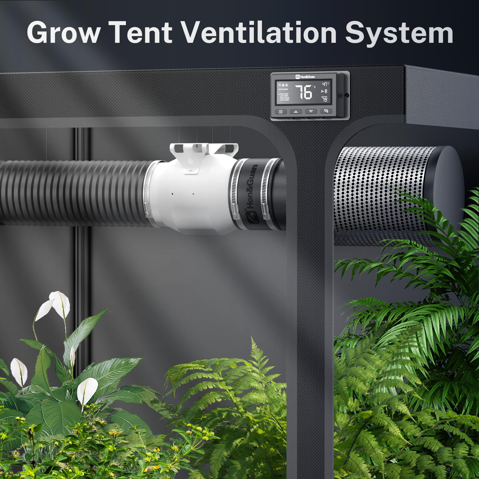 Hon&Guan PRO 6 Inch Inline Duct Fan - 405 CFM High Power Ventilation Fan with Quiet EC Motor & Smart Temperature Humidity Controller - White & Black - Ideal for Grow Tents, Hydroponics, HVAC Systems, Home Ventilation, and Commercial Exhaust Applications