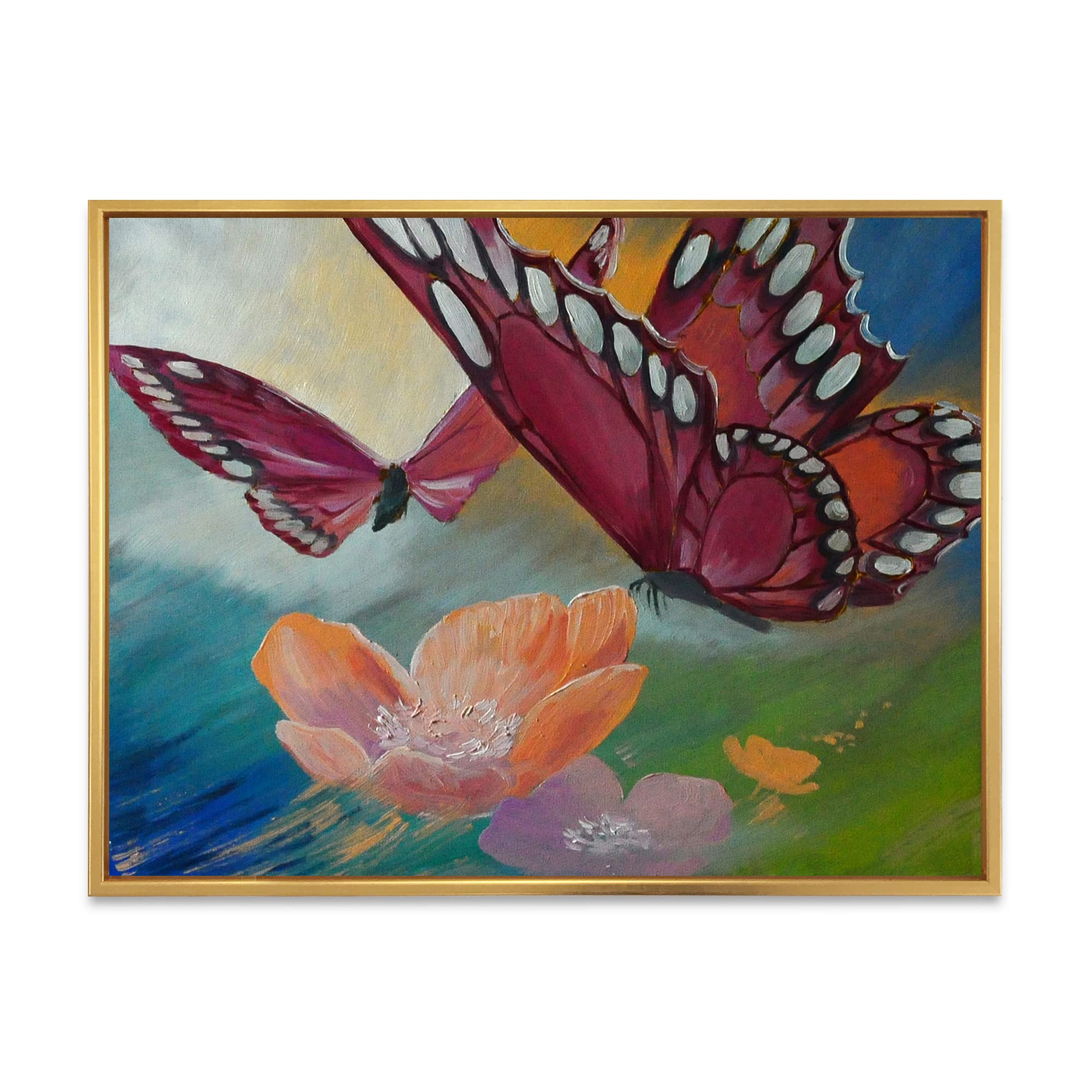 Butterfly on Pink Flowers - Traditional Framed Canvas Wall Art Print for Home & Office Decor | Vintage Floral Painting | Ready to Hang
