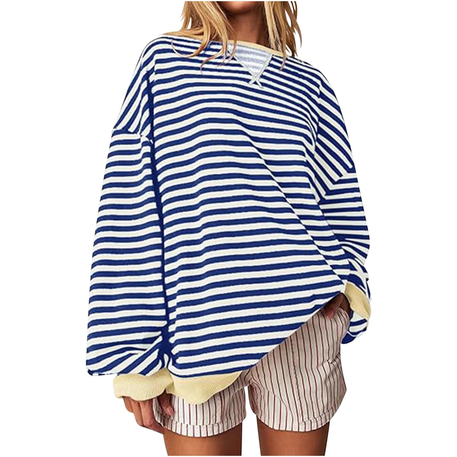 MRGIINRI Women's Striped Oversized Sweatshirt - Color Block Crewneck Long Sleeve Pullover Top | Y2K Fashion | Casual Loose Fit for Streetwear, Lounge & Everyday Outfits