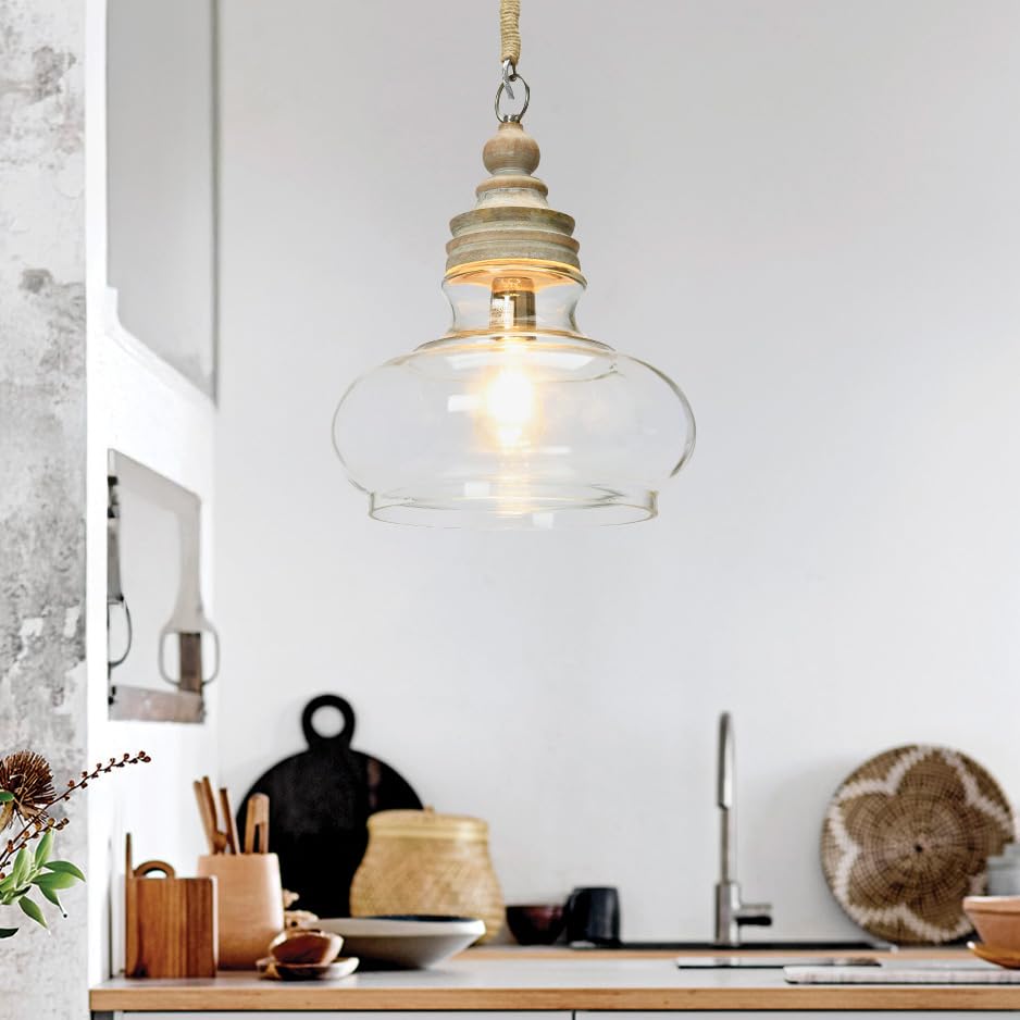 Creative Co-Op Modern Glass & Mango Wood Ceiling Pendant Light Fixture - Farmhouse, Dining Room, Kitchen Island Lighting Decor
