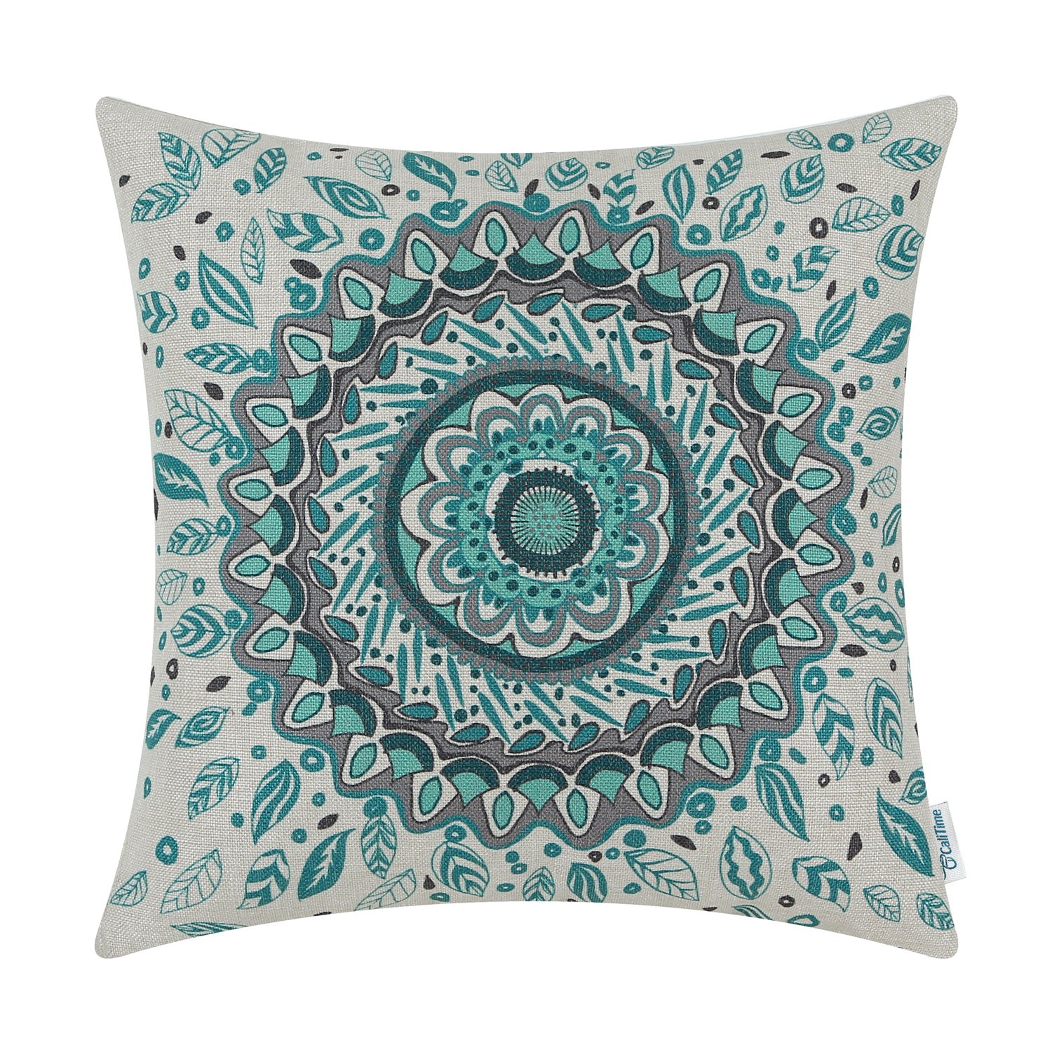 18x18 Inch Teal Floral Compass Leaves Medallion Canvas Throw Pillow Cover - Decorative Couch & Sofa Accent for Living Room, Bedroom, or Home Decor - Machine Washable & Durable Fabric
