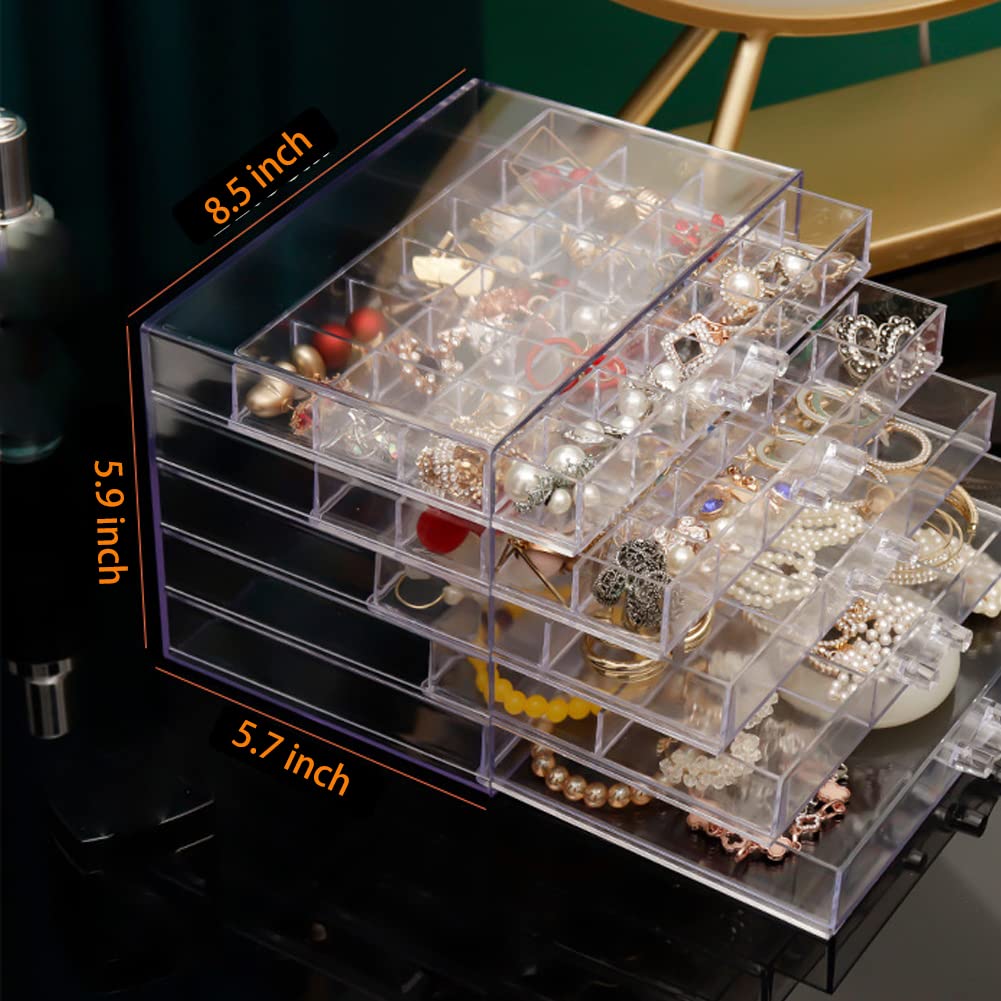 Clear Acrylic Jewelry Box with 5 Drawers - Earring Storage Organizer & Display Case with Compartment Trays - Transparent Jewelry Holder for Earrings, Necklaces, Rings & Bracelets - Perfect for Bedroom, Closet & Travel Organization