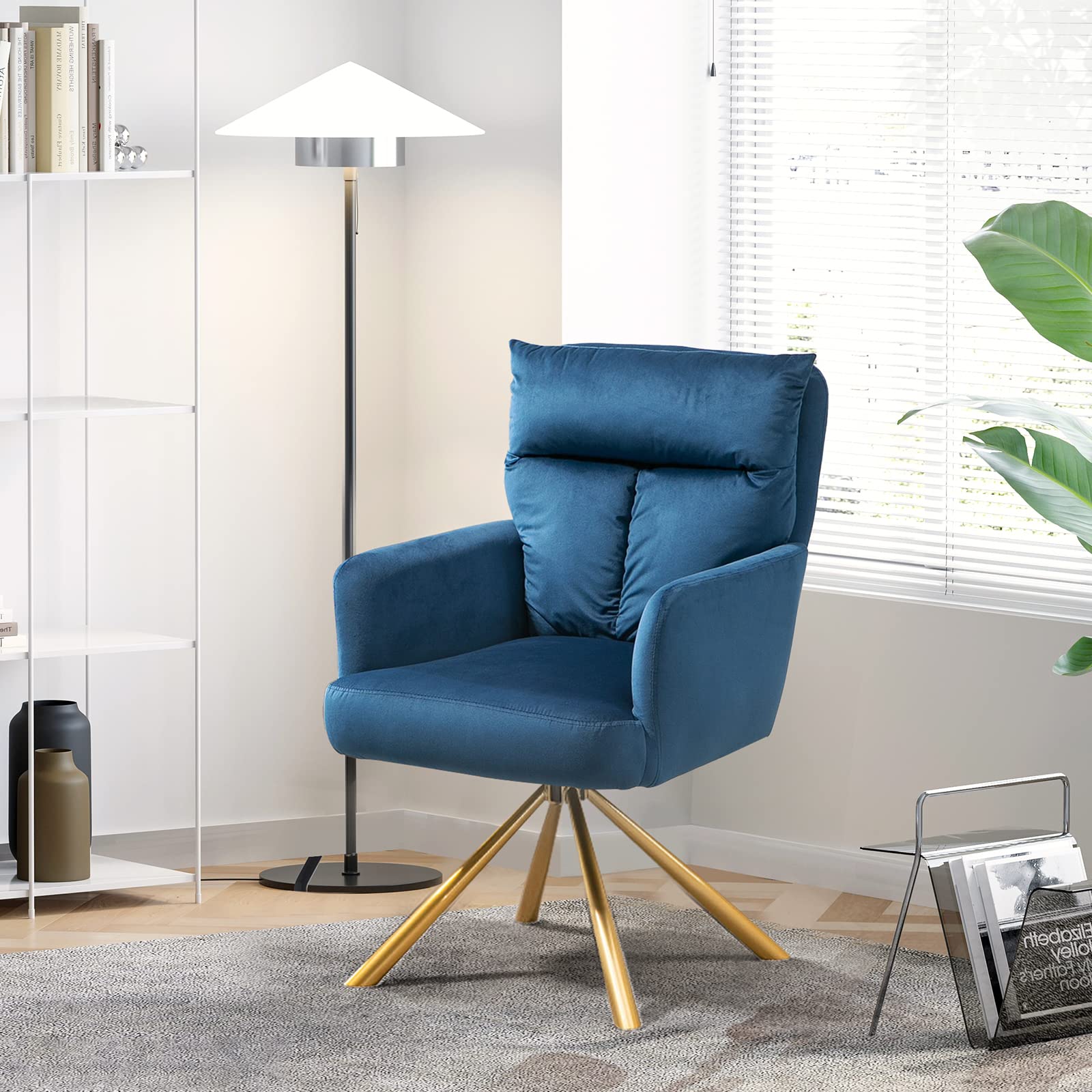Modern Velvet Swivel Chair - High Back Upholstered Accent Chair with Metal Cross Base | Perfect for Dressing Room, Living Room & Afternoon Tea (Dark Blue)
