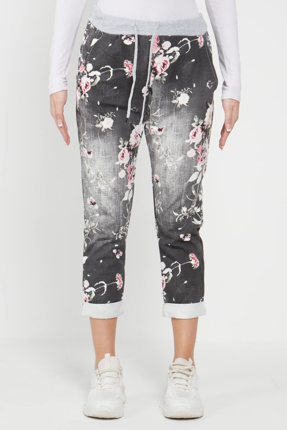 Women's Floral Print Denim Joggers - High Waisted Casual Sweatpants for Summer | Italian Gym Pants for Women | Plus Size 6-20 | Perfect for Yoga, Running & Streetwear Fashion