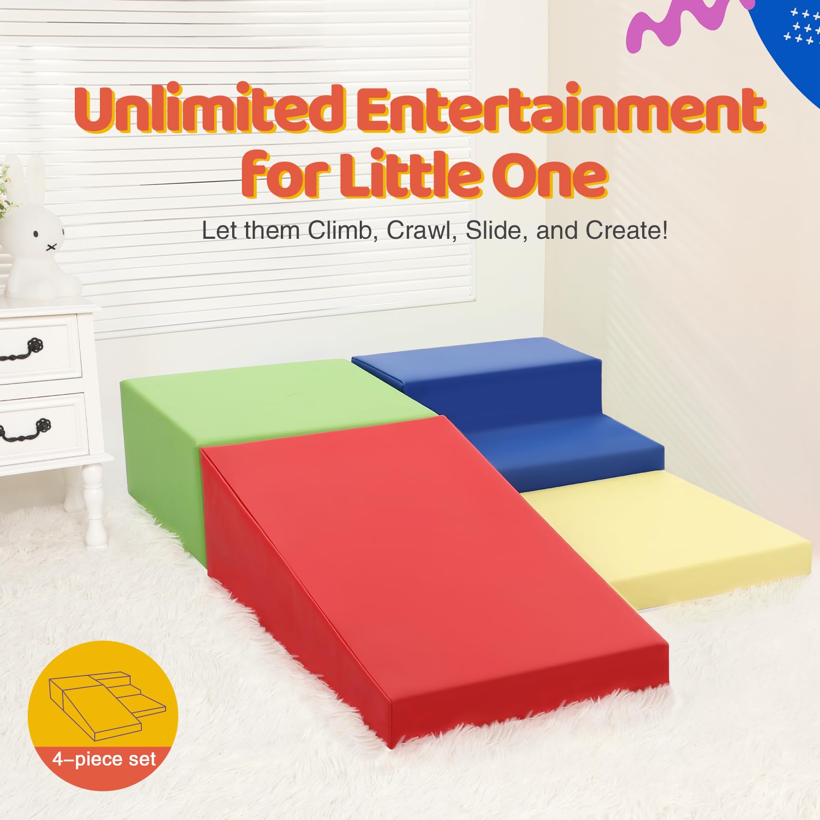 4-Piece Soft PU Leather Baby Foam Climbing Blocks Set for Toddlers - Non-Toxic Play Gym Toys for Crawling, Sliding & Learning - Indoor Activity Blocks (Red, Yellow, Blue) for Nursery, Playroom & Daycare