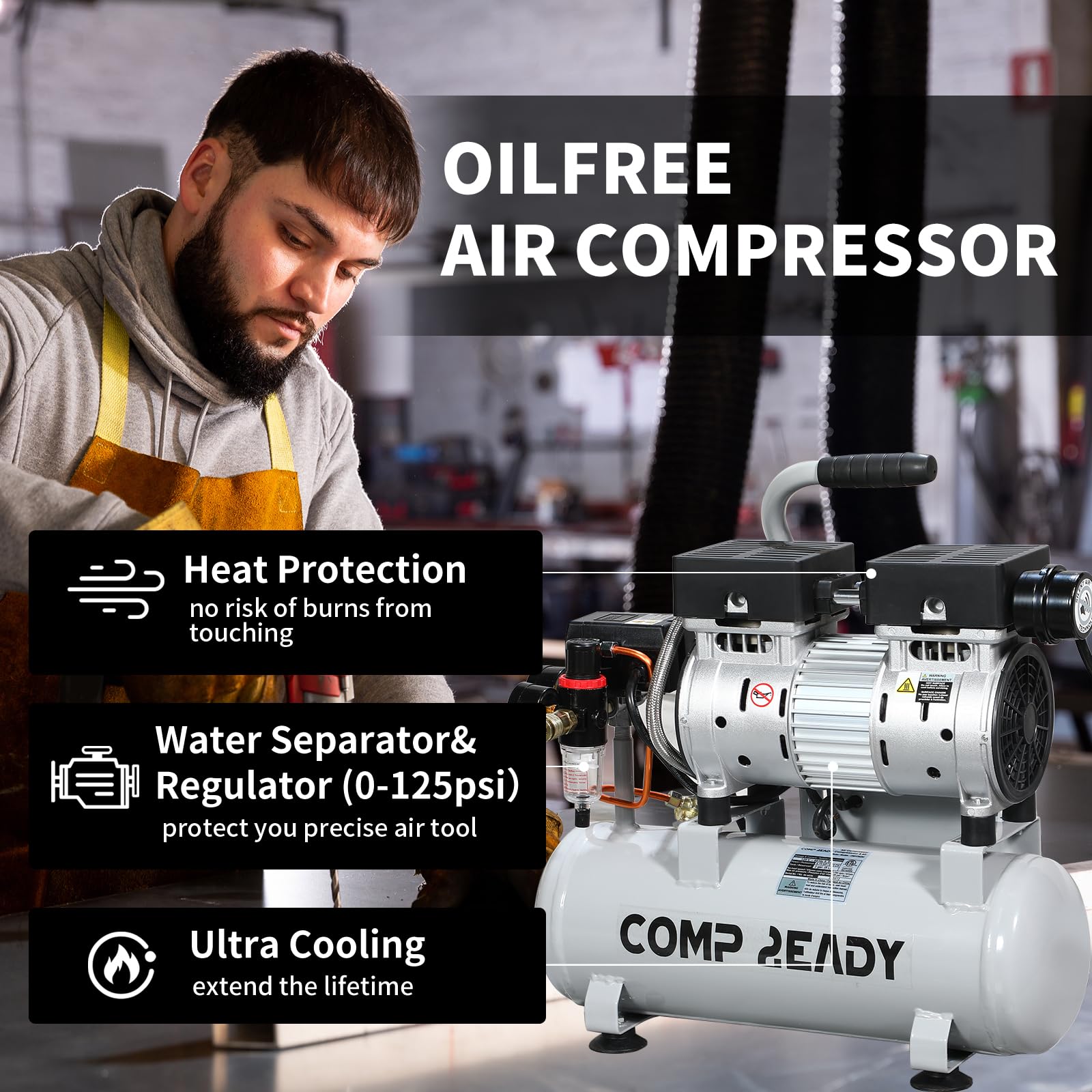 6 Gallon Portable Air Compressor 1HP 2.5 CFM@90PSI - Ultra Quiet 60dB Oil-Free Air Pump for Tires, Pneumatic Tools, Spray Painting - Perfect for Home Garage, Auto Repair & DIY Projects