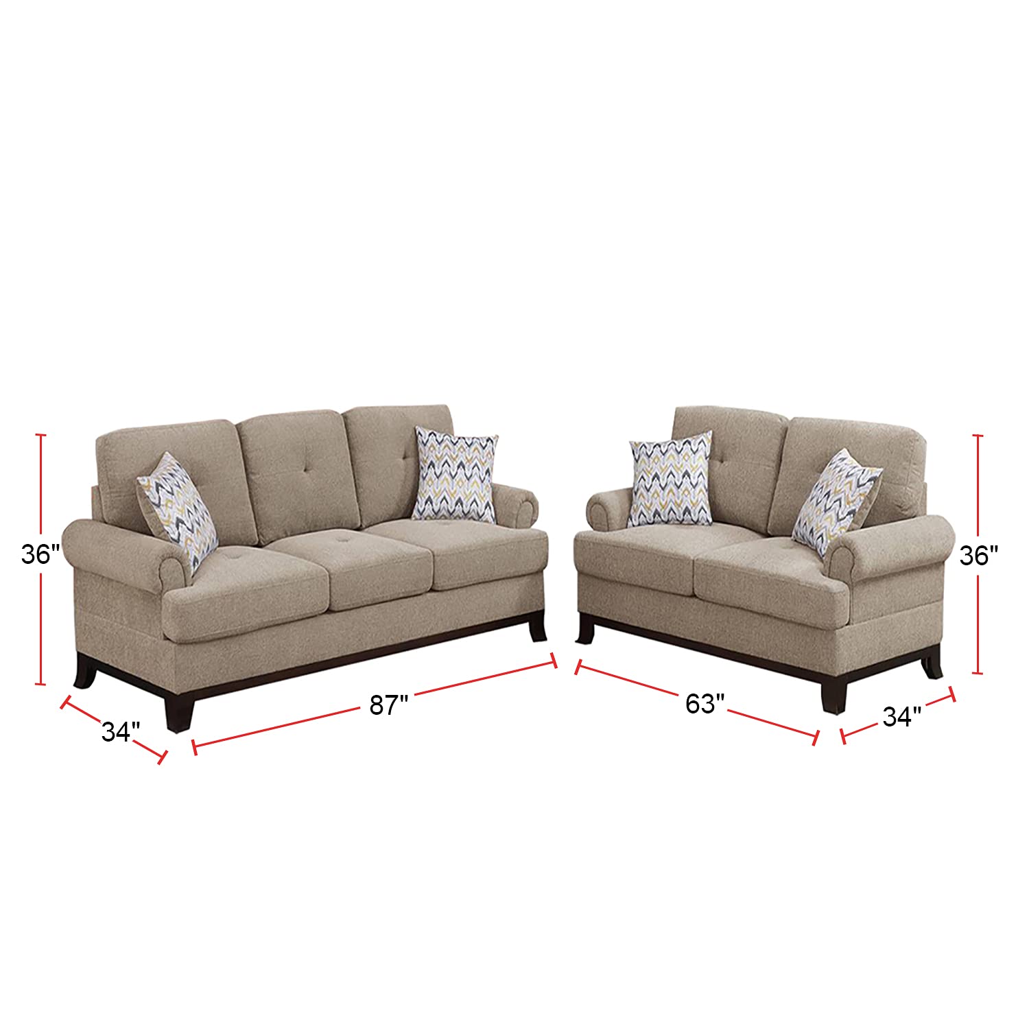 Poundex PDEX-F8839 3-Piece Camel Brown Sofa Set with Cushions - Modern Living Room Furniture for Home, Office, and Lounge Areas