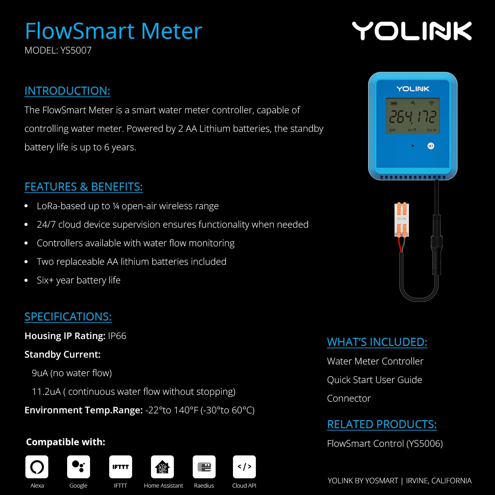 YoLink FlowSmart NSF Certified Smart Water Meter - 0.75 Inch Smart Home Water Usage Monitor with Leak Detection, Includes Hub (YS1603+YS5007) - Perfect for Home Automation, Water Conservation, and Leak Prevention