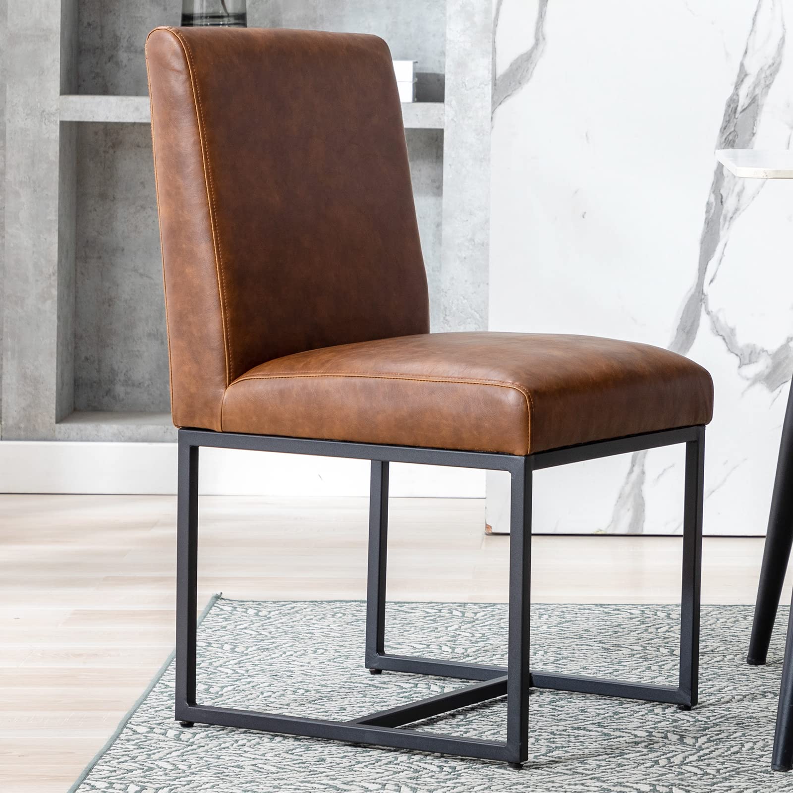 Modern PU Leather Kitchen Chairs Set of 2 - Brown Upholstered Dining Chairs with Black Metal Frame - Comfortable Side Chairs for Kitchen, Dining Room & Breakfast Nook