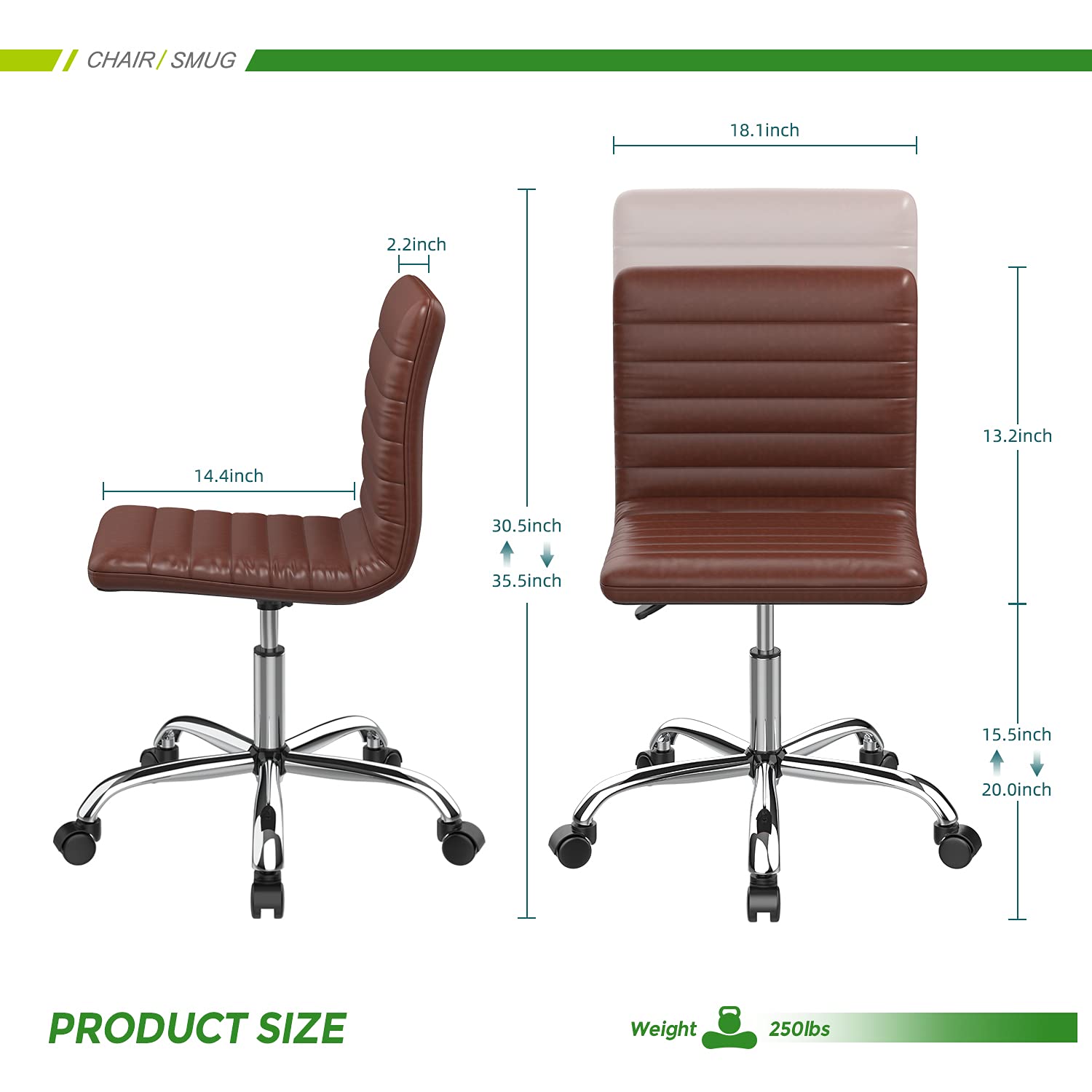Ergonomic Armless Leather Swivel Office Chair - Mid Back Ribbed Task Chair for Home & Office - Adjustable White Desk Chair for Adults & Kids - Perfect for Workstations, Vanity Desks & Study Areas (Brown)