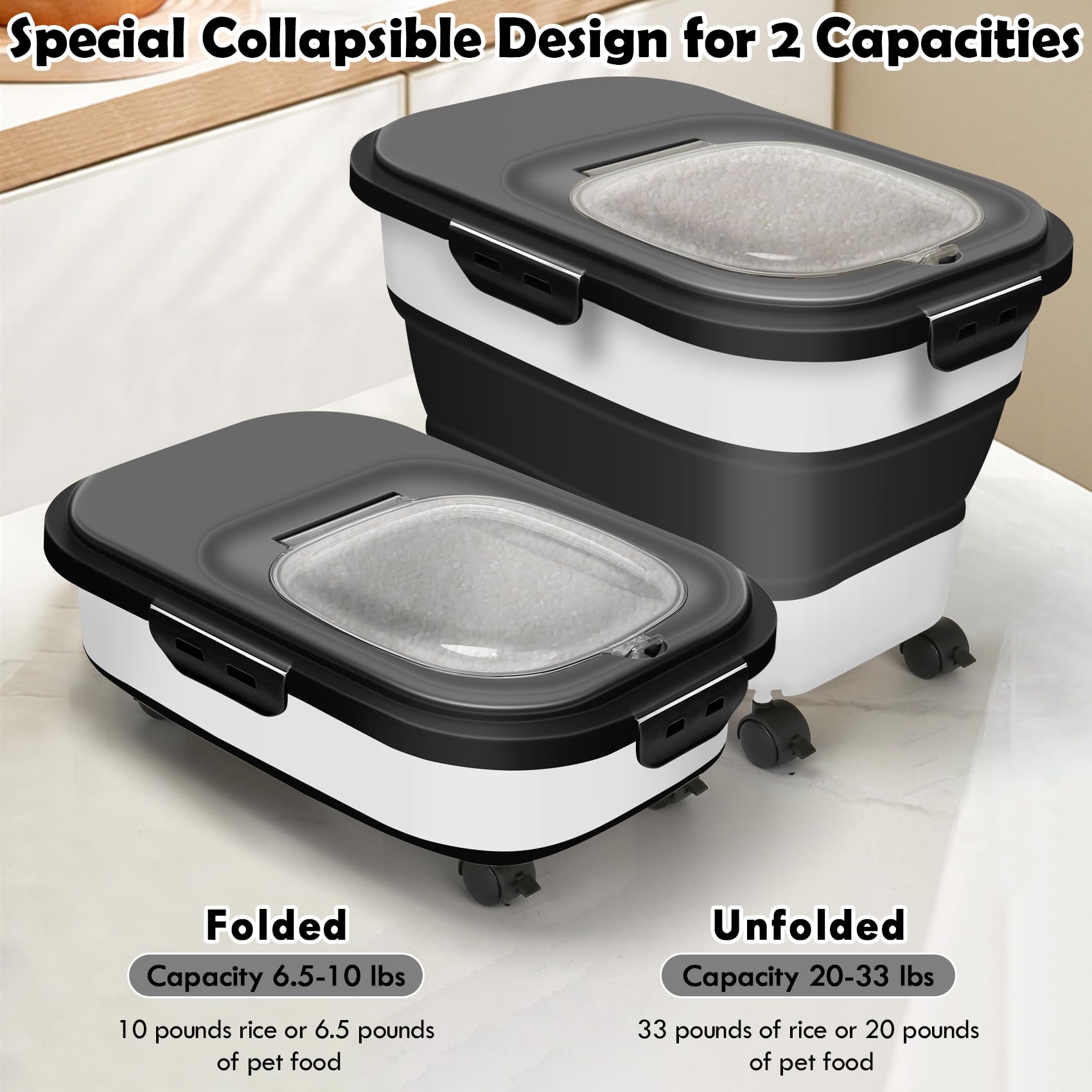 20Lbs Airtight Rice & Flour Storage Container with Wheels - Large Pet Food Dispenser Bin for Dog & Cat - Includes Scoop & Measuring Cup - Collapsible Kitchen Organizer for Cereal, Kibble & Dry Food - Perfect for Pantry, Kitchen & Pet Food Storage
