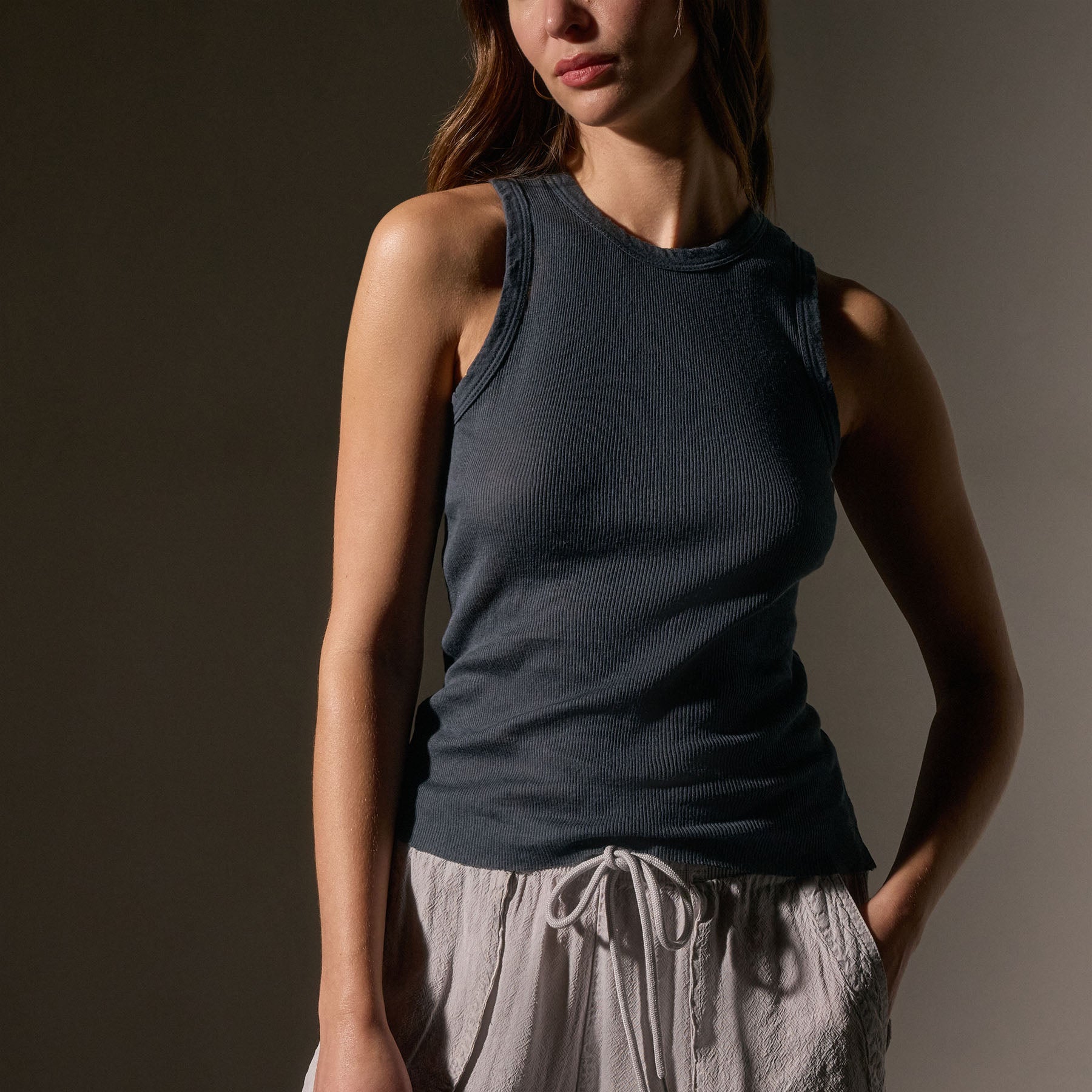 Soft Cotton Cashmere Ribbed Shell Top for Women - Comfortable & Stylish Asphalt Color - Perfect for Layering, Office Wear & Casual Outfits