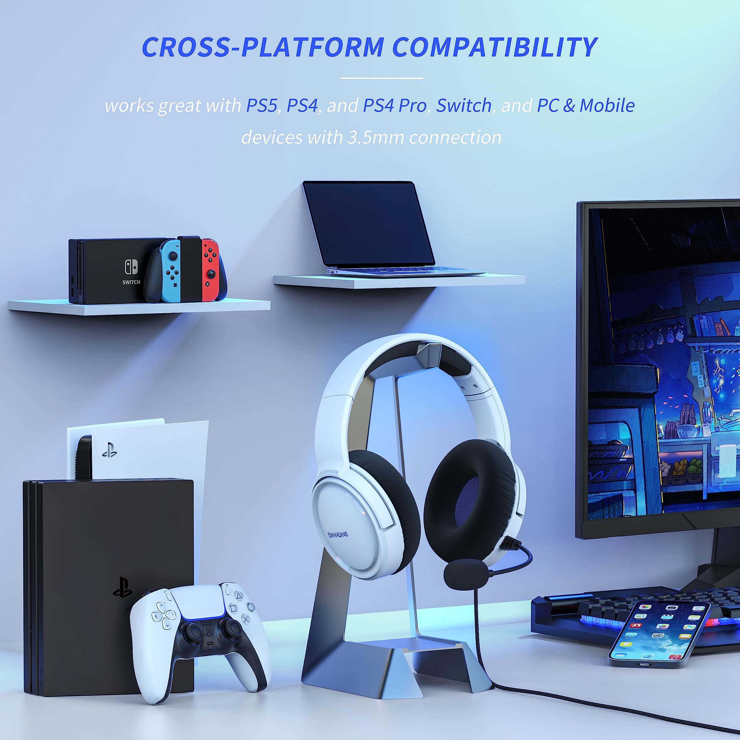 BINNUNE PS5 Gaming Headset with Noise Cancelling Mic - Compatible with PS4/PS5/PC/Xbox/Nintendo Switch - Wired Over-Ear Headphones for Immersive Gaming Experience (White) - Perfect for FPS, RPG and Online Multiplayer Games