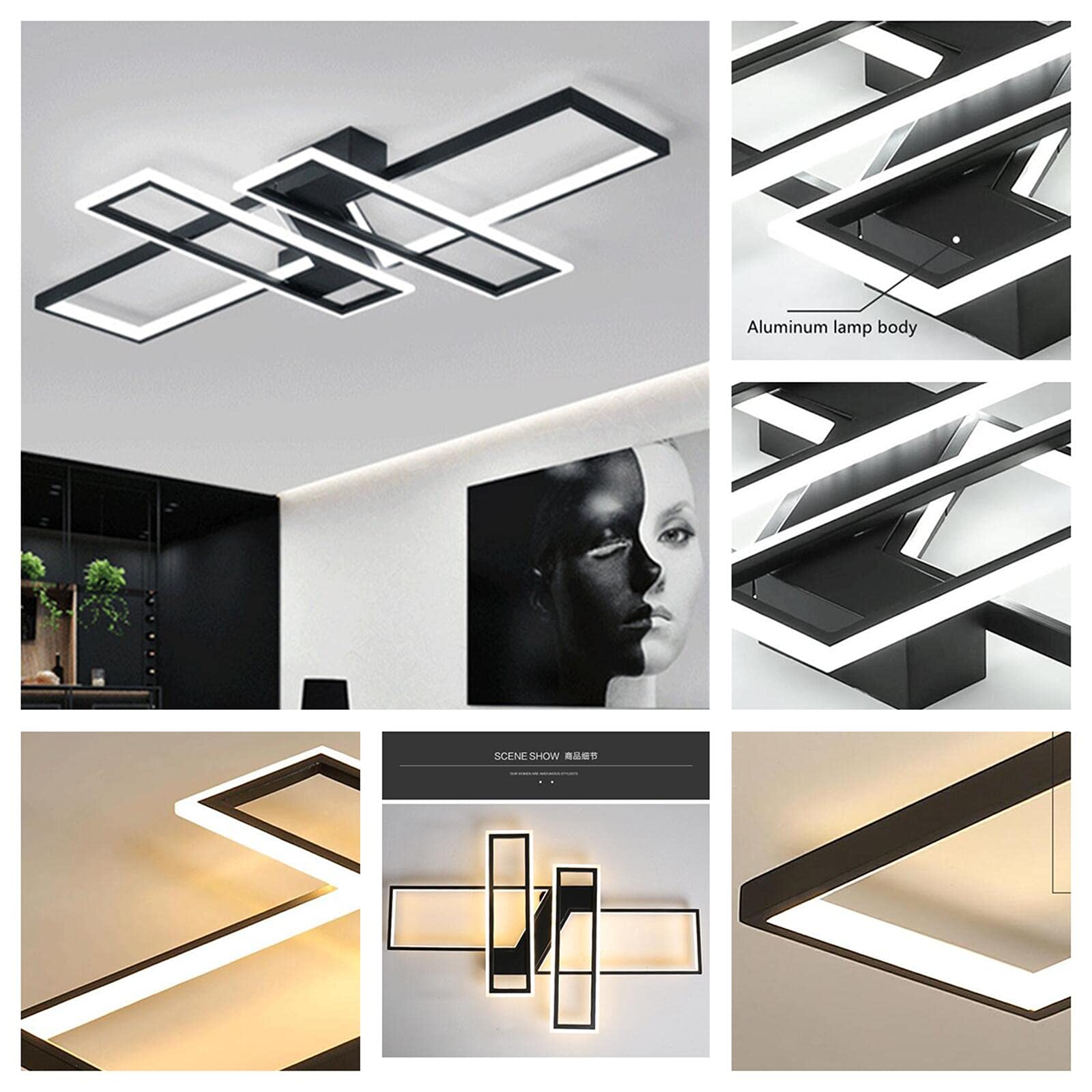 Modern Dimmable LED Ceiling Light with Remote Control - 4 Rectangular Black Metal Acrylic Flush Mount Chandelier - Perfect for Living Room, Bedroom, Dining Room, Kitchen & Study (35.4 Inch) - Energy-Efficient Lighting for Home & Office Spaces